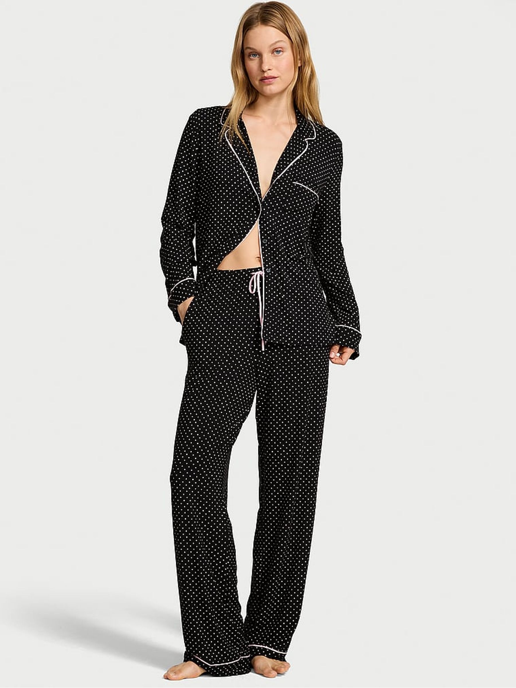 Black & Pretty Blossom Pink Dot Modal Long Pyjamas Set - Image 1 of 3