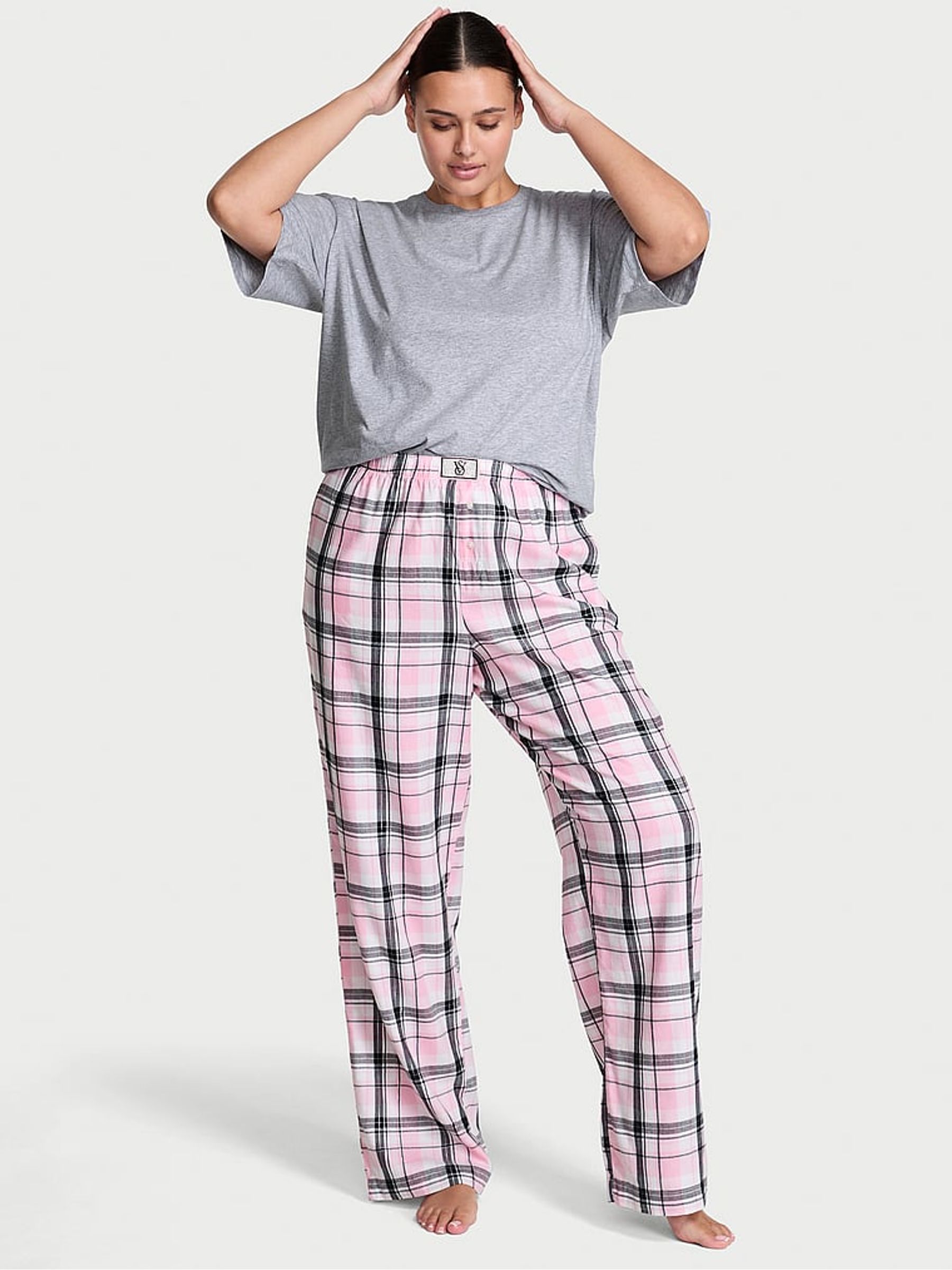 Medium Heather Grey/ Black & Pink Stripe Flannel Short Sleeve Long Pyjama Set - Image 1 of 3