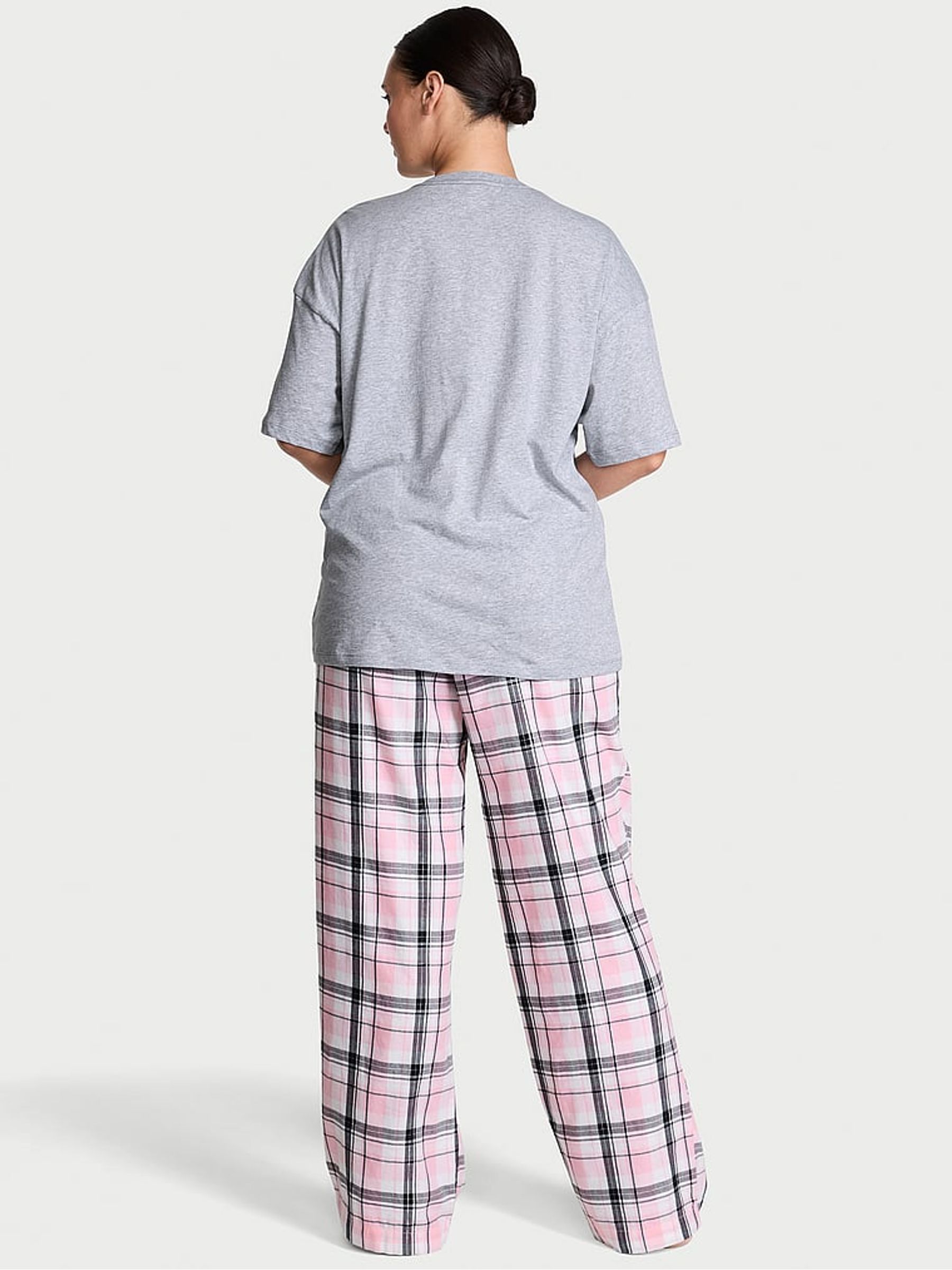 Medium Heather Grey/ Black & Pink Stripe Flannel Short Sleeve Long Pyjama Set - Image 2 of 3