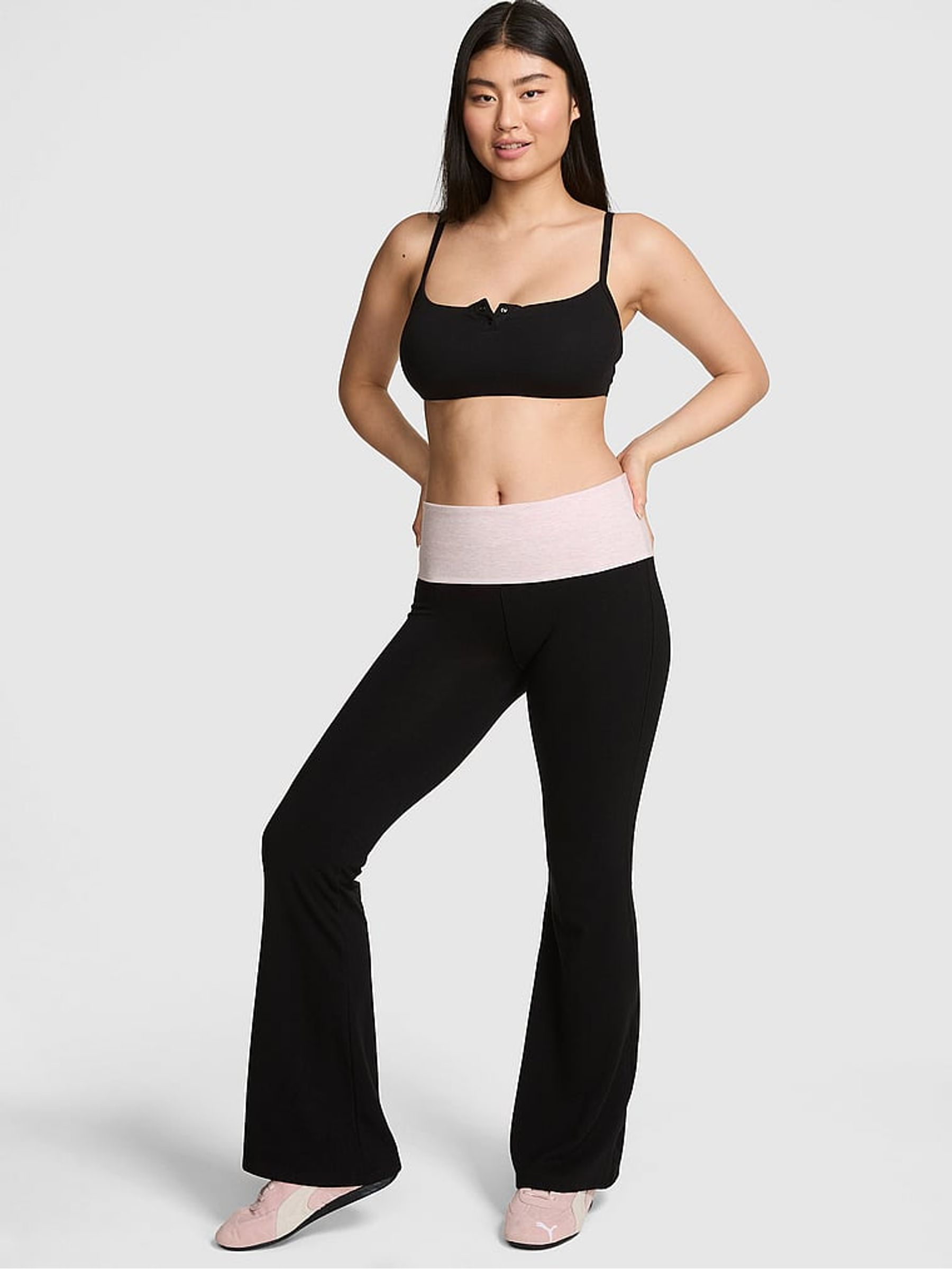 Black and Pink Foldover Flares Leggings - Image 1 of 4