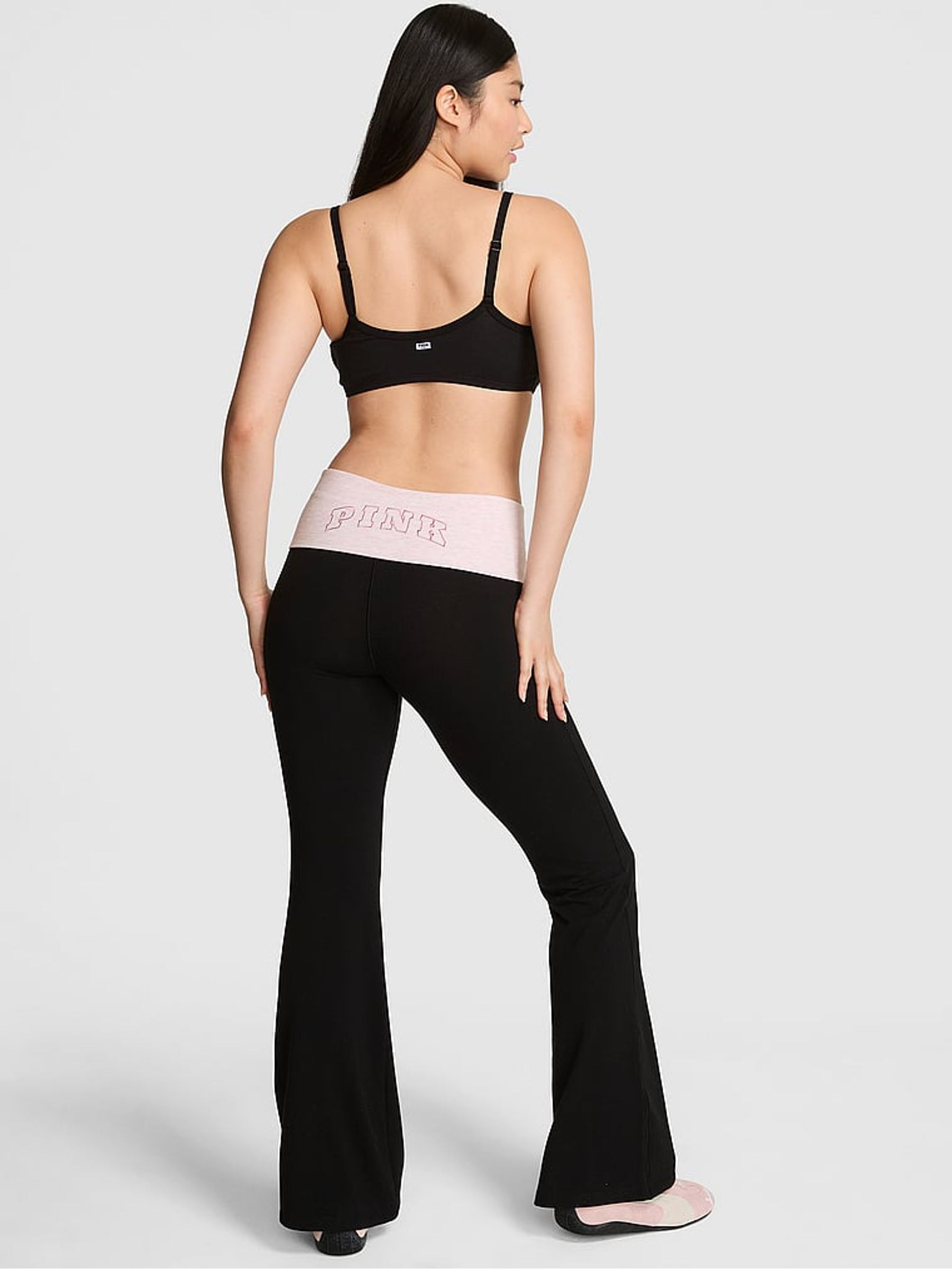 Black and Pink Foldover Flares Leggings - Image 2 of 4