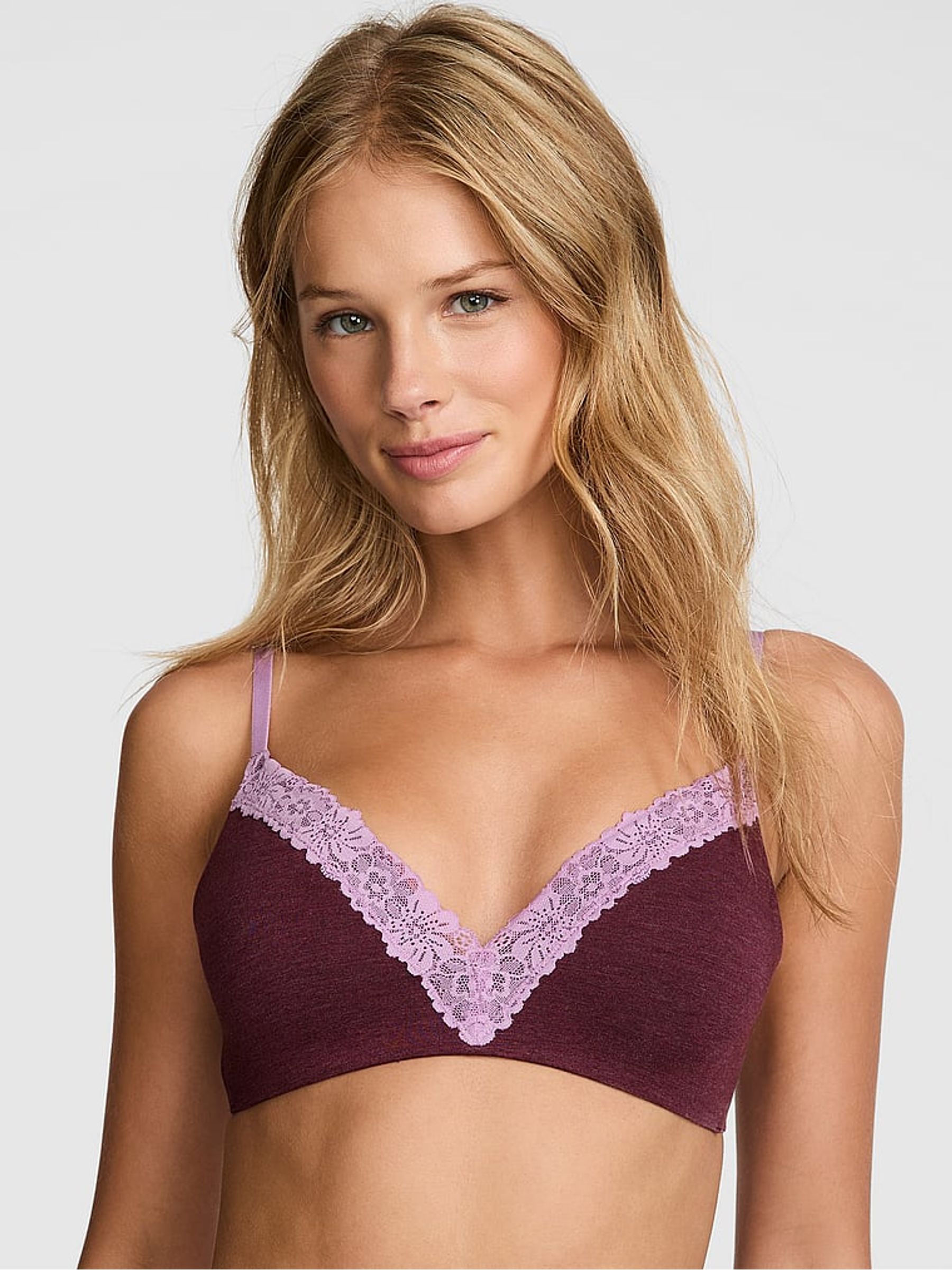 Burgandy Red Non Wired Push Up Cotton Heather Lace Trim Bra - Image 1 of 1