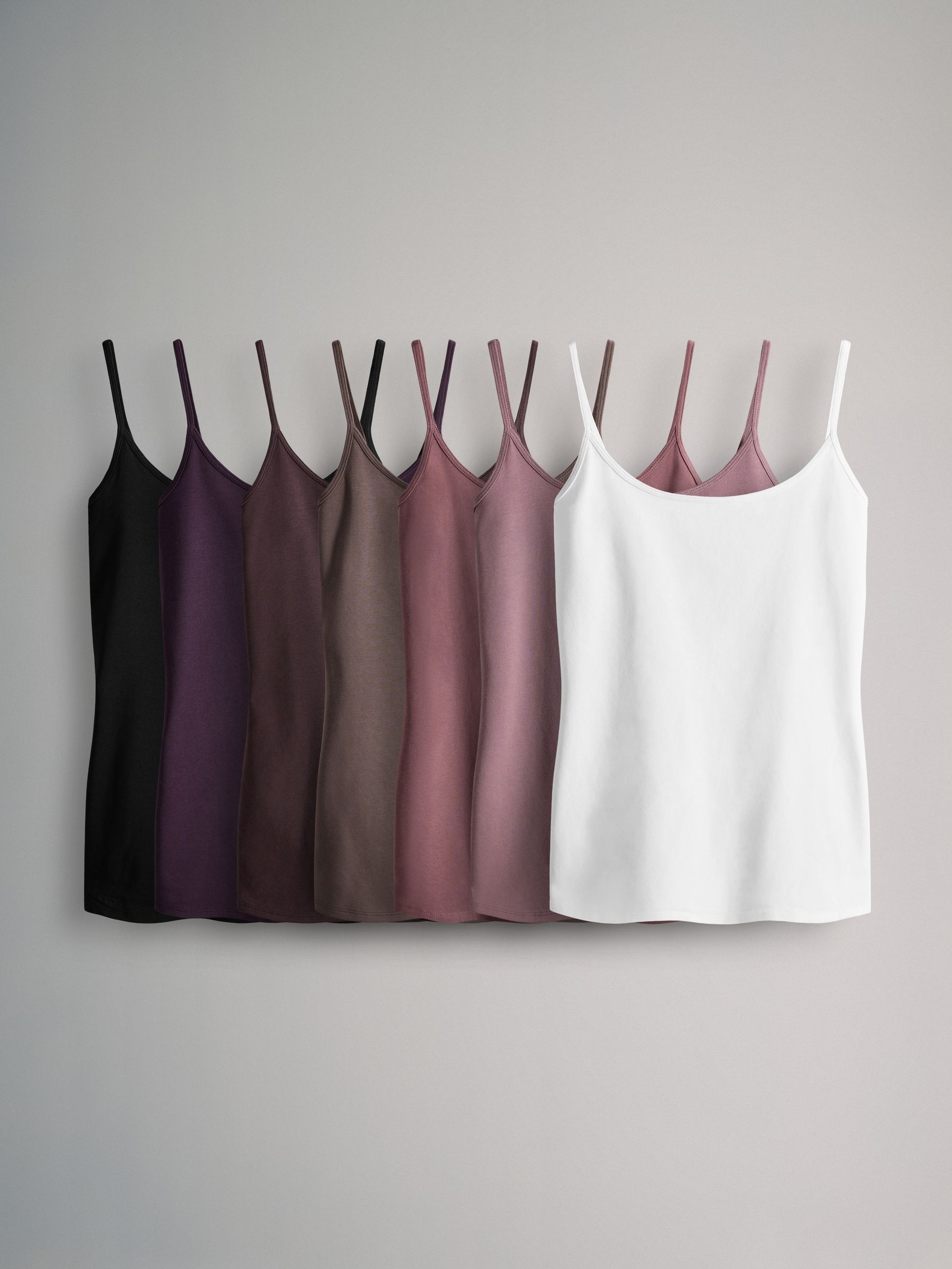 Black/Purple/Brown/Taupe/Pink/Cream - 7 Pack Thin Strap Vest Tops - Image 1 of 10 Black/Purple/Brown/Taupe/Pink/Cream - 7 Pack Thin Strap Vest Tops - Image 1 of 10