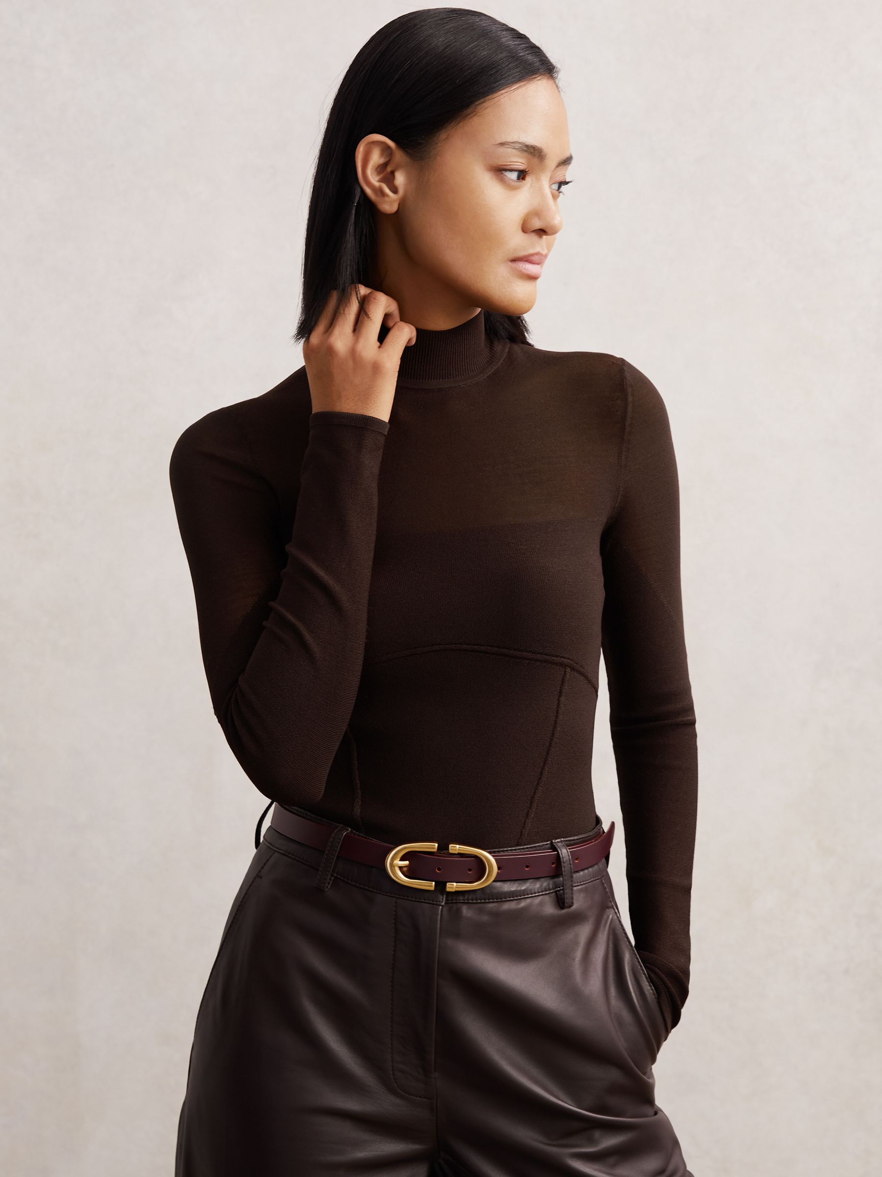 Mesh Funnel-Neck Knit Top in Chocolate Brown - Image 1 of 6