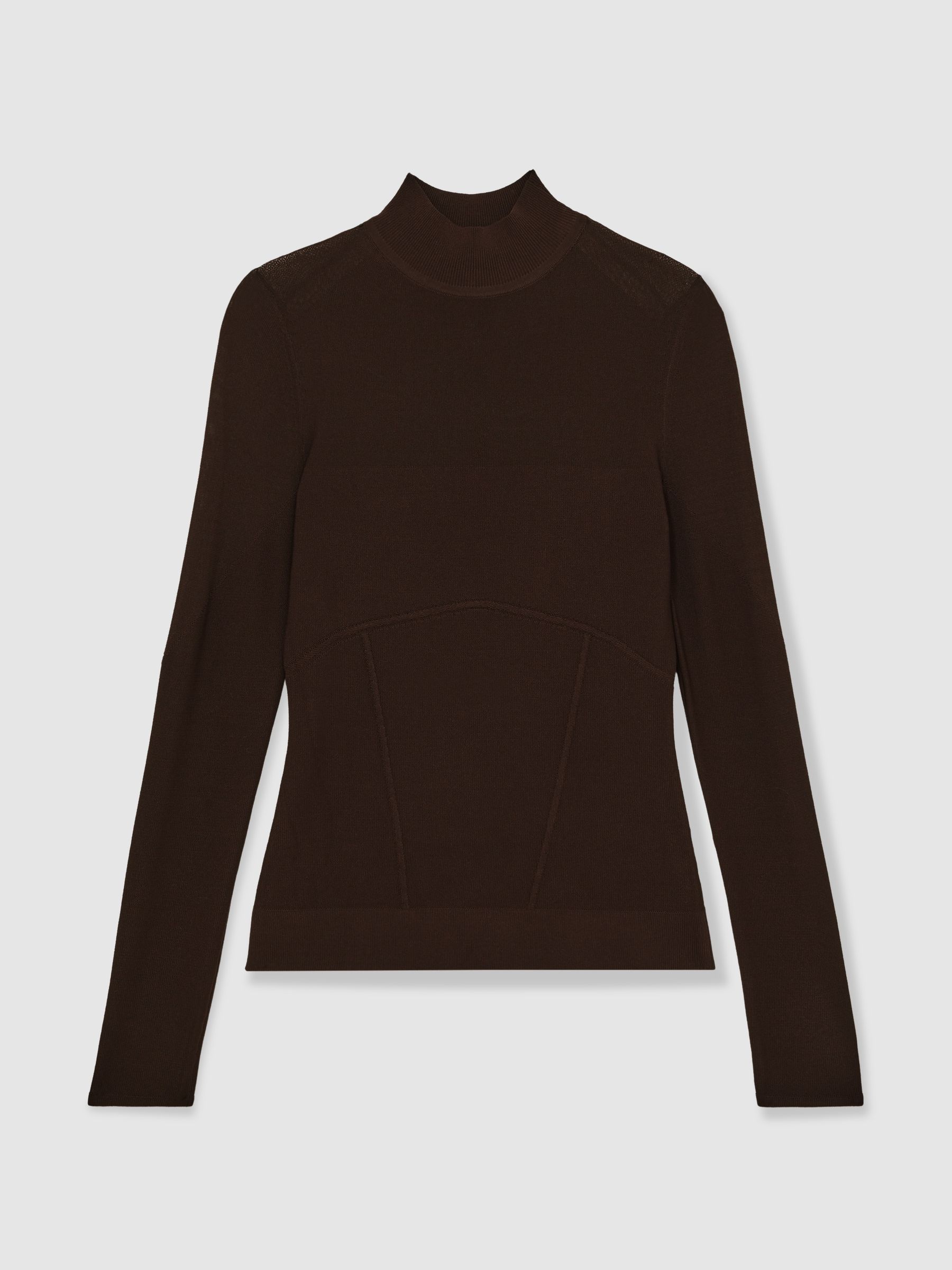 Mesh Funnel-Neck Knit Top in Chocolate Brown - image 1