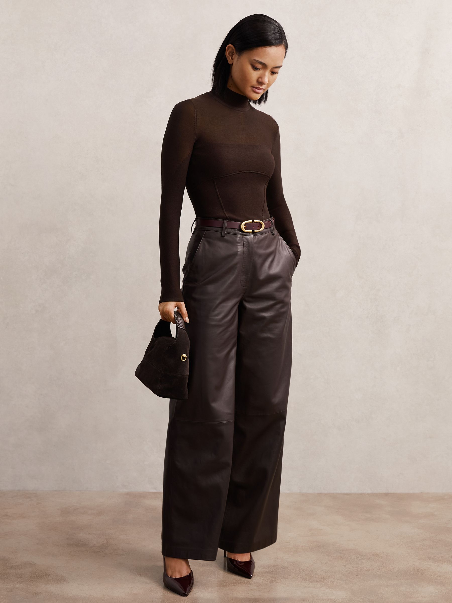 Mesh Funnel-Neck Knit Top in Chocolate Brown - Image 3 of 6