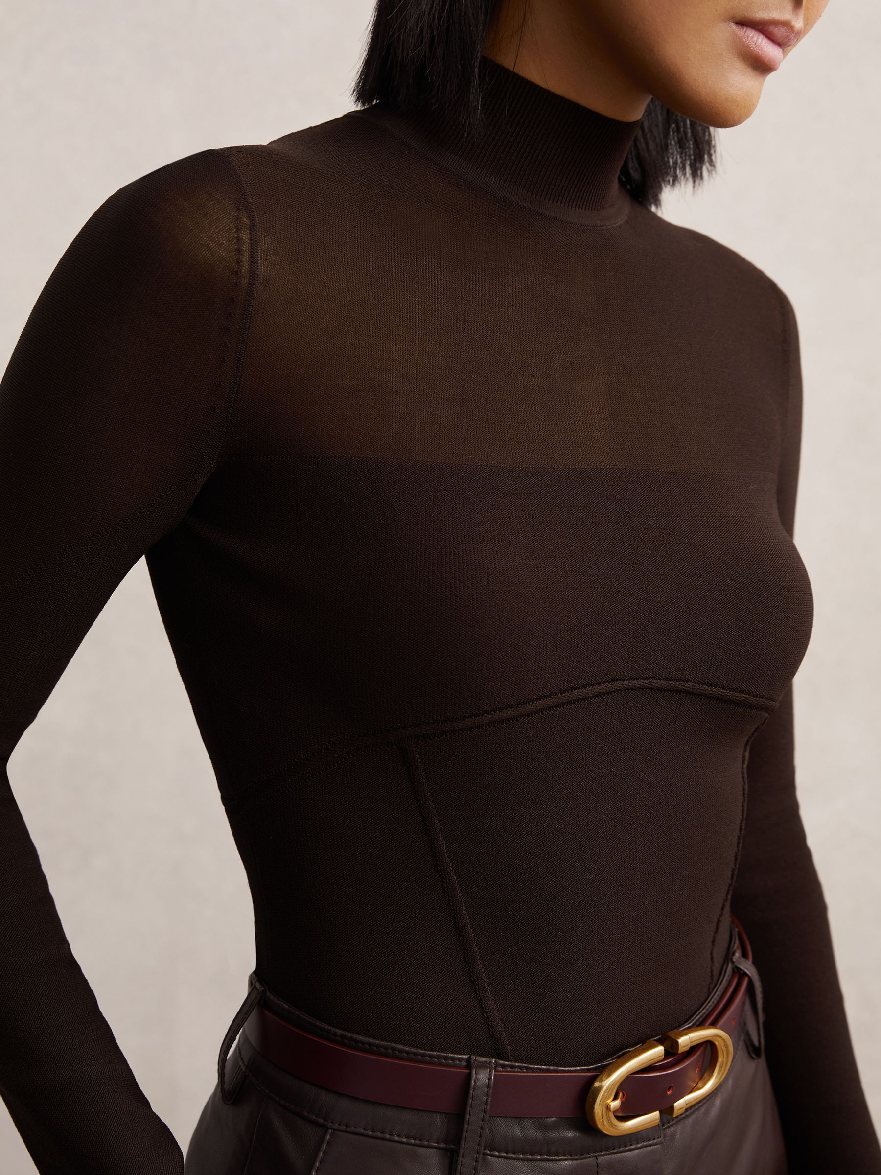 Mesh Funnel-Neck Knit Top in Chocolate Brown - image 5