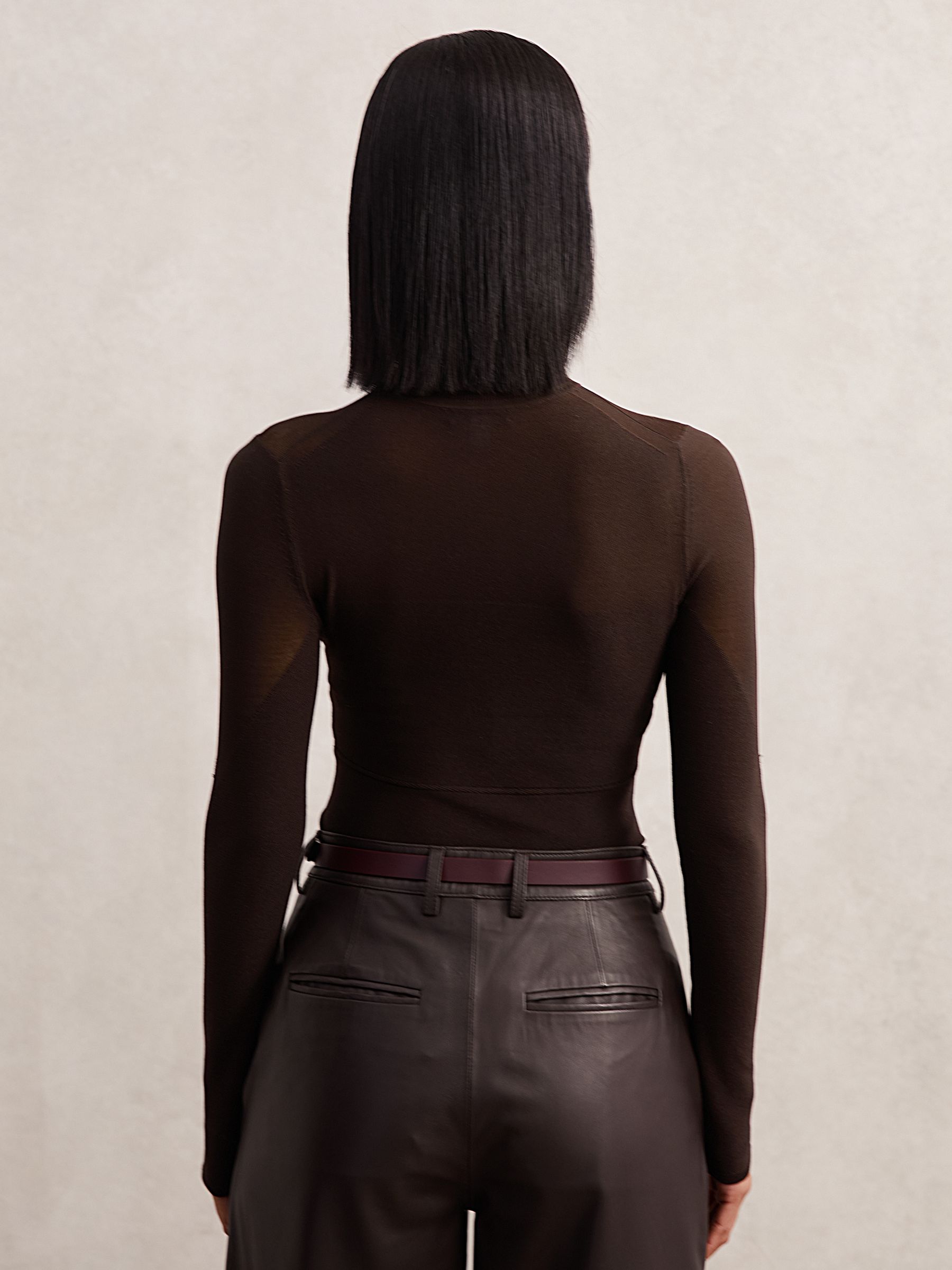 Mesh Funnel-Neck Knit Top in Chocolate Brown - Image 5 of 6