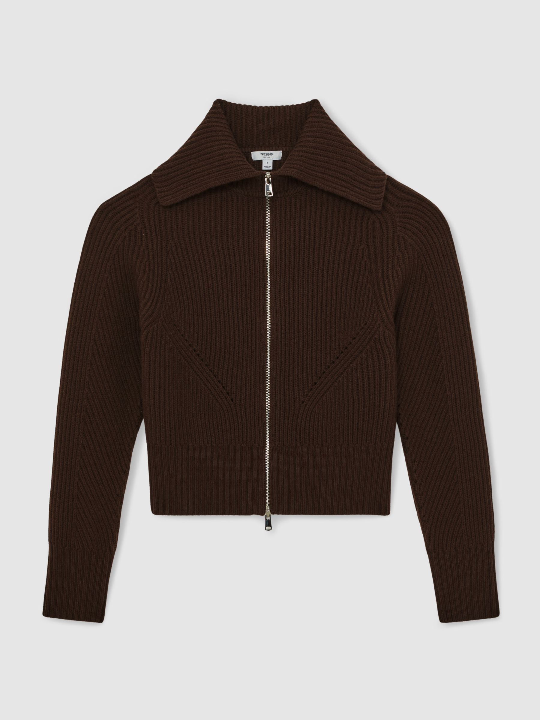 Wool Zip-Through Rib-Knit Cardigan in Chocolate Brown - Image 2 of 6