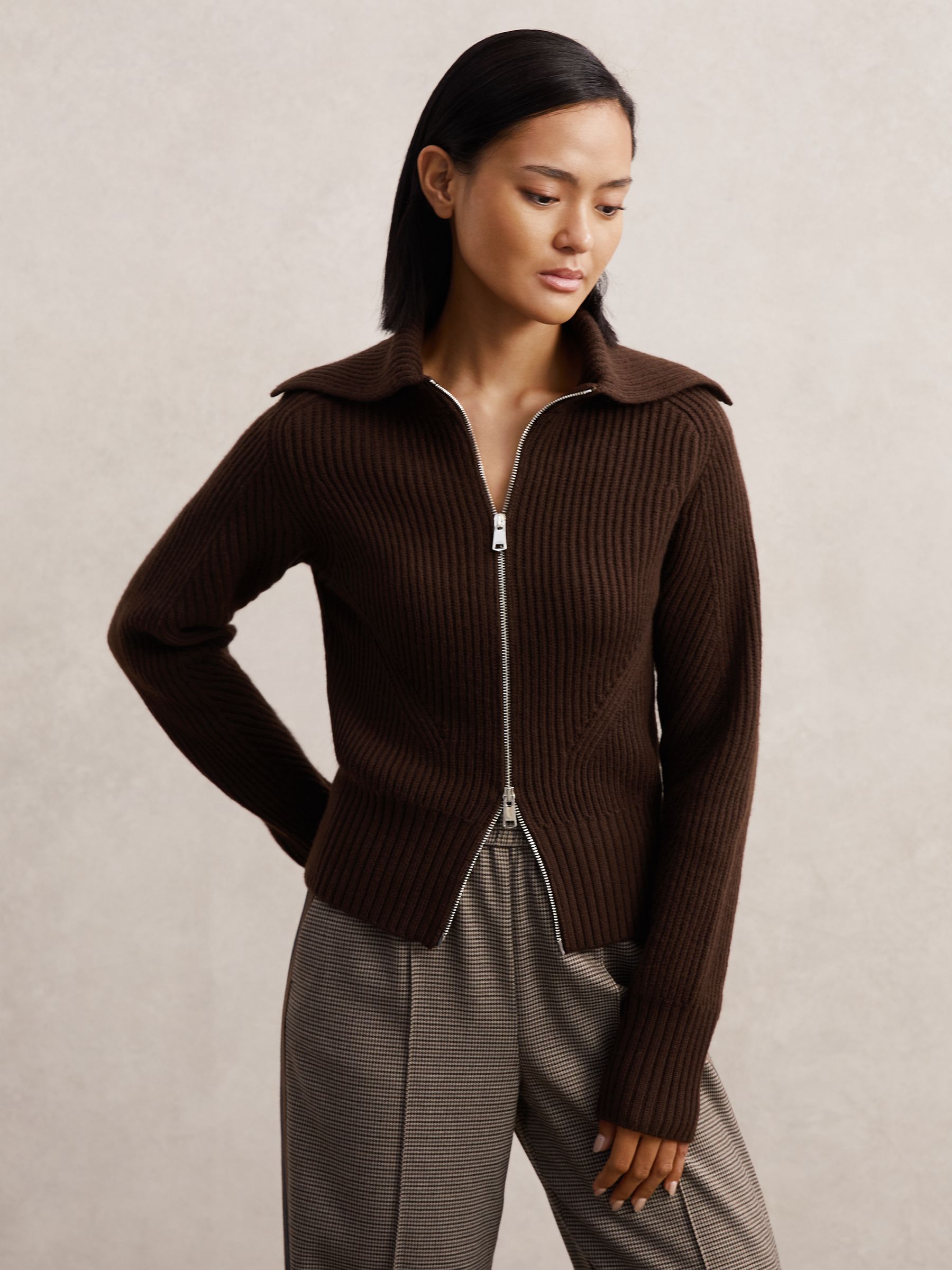 Wool Zip-Through Rib-Knit Cardigan in Chocolate Brown - Image 3 of 6