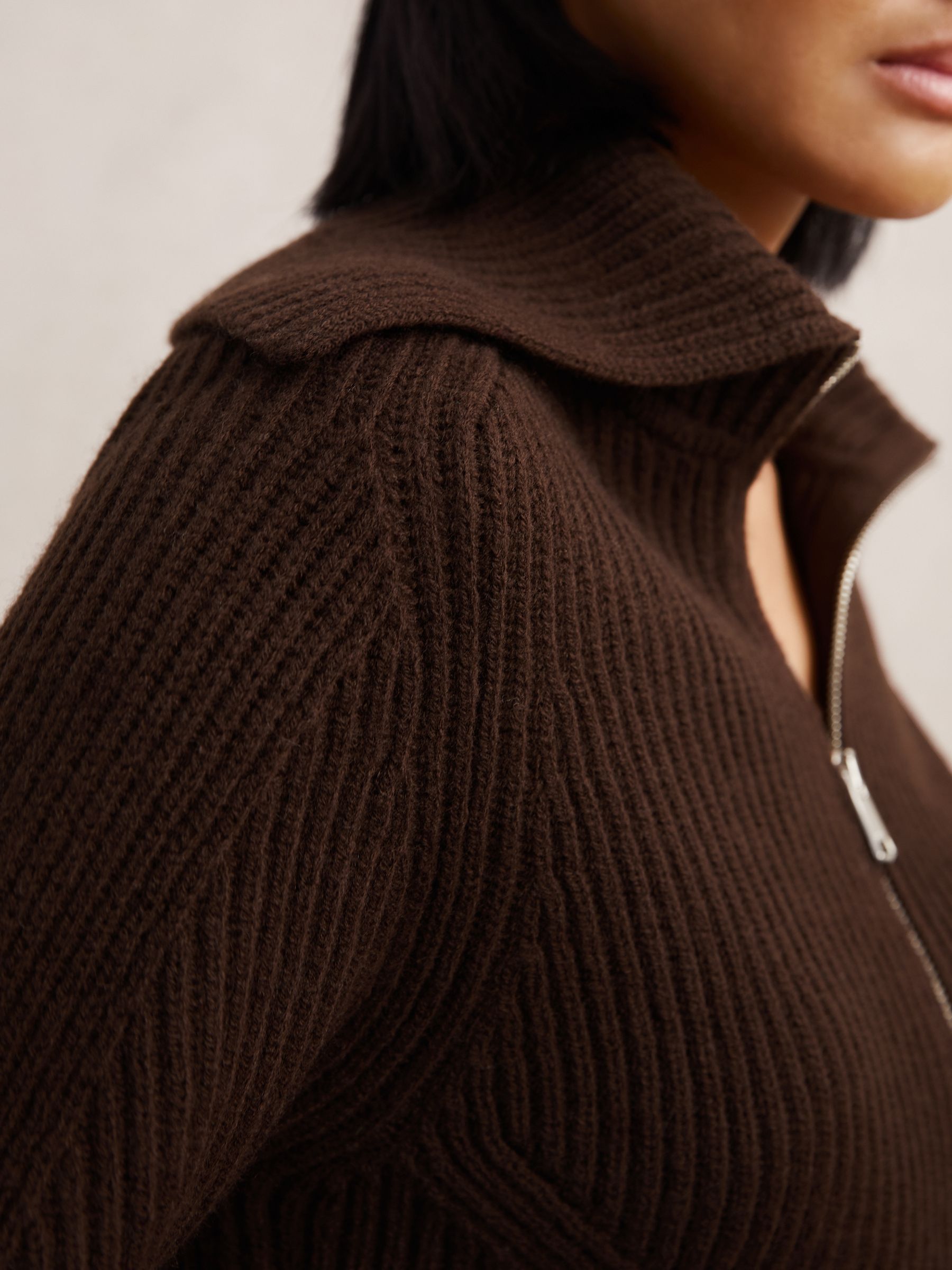 Wool Zip-Through Rib-Knit Cardigan in Chocolate Brown - Image 4 of 6