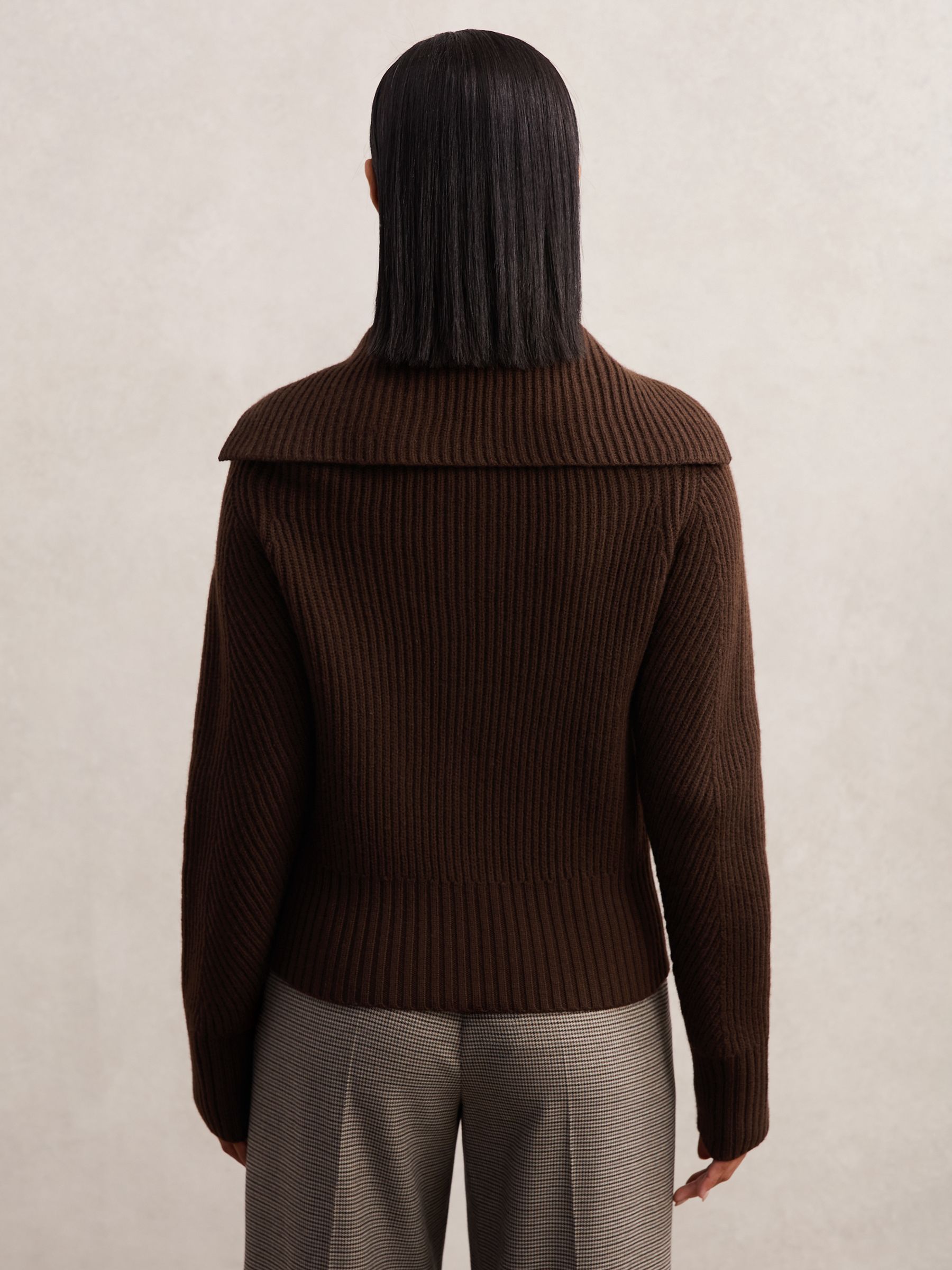 Wool Zip-Through Rib-Knit Cardigan in Chocolate Brown - Image 5 of 6