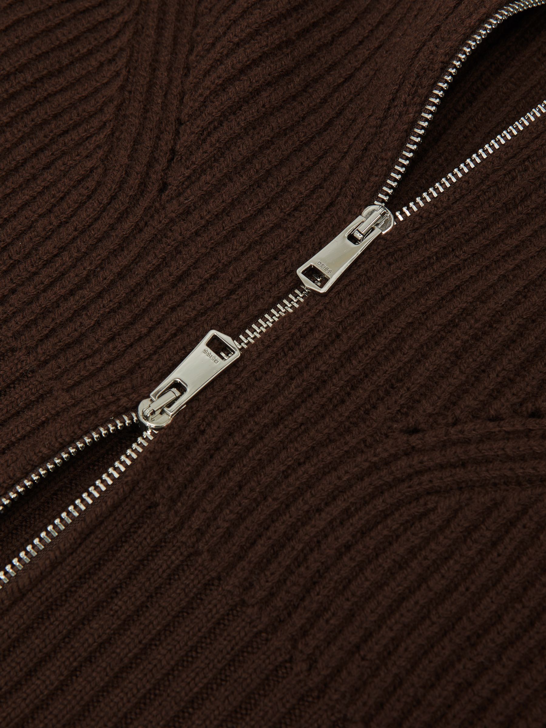 Wool Zip-Through Rib-Knit Cardigan in Chocolate Brown - Image 6 of 6