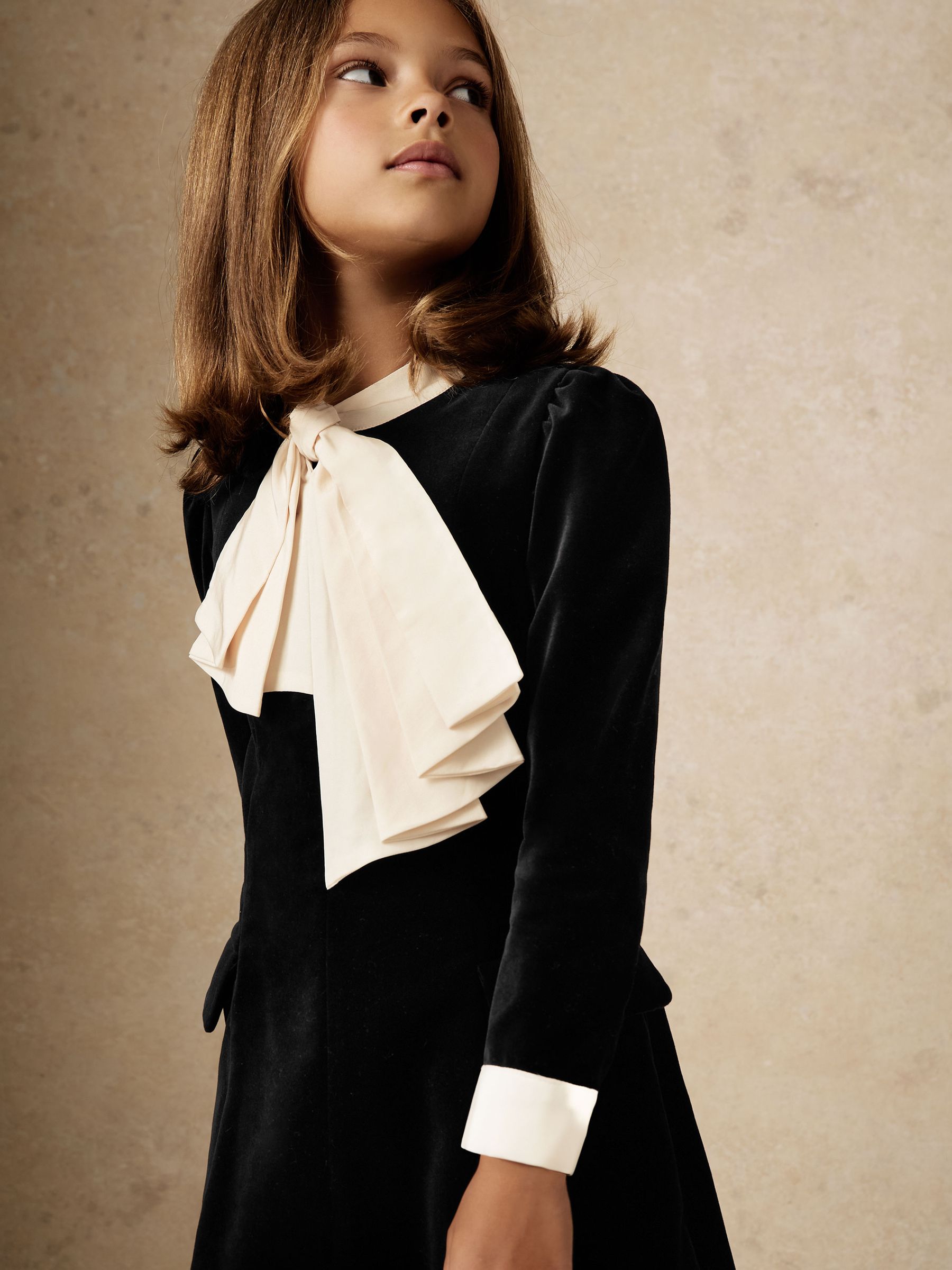 9-13 yrs Velvet Tie-Neck Dress in Black - Image 3 of 5