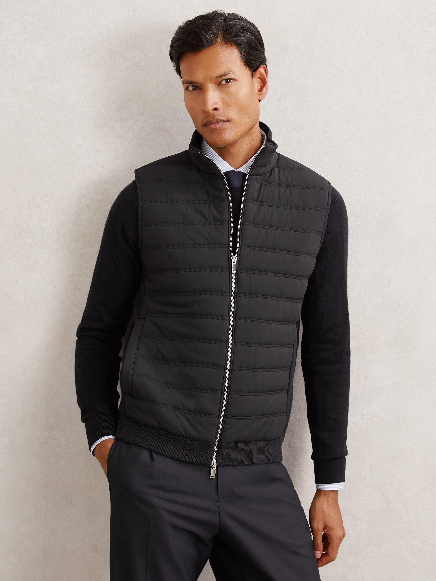 Funnel-Neck Quilted Knit Gilet in Navy - Image 1 of 8