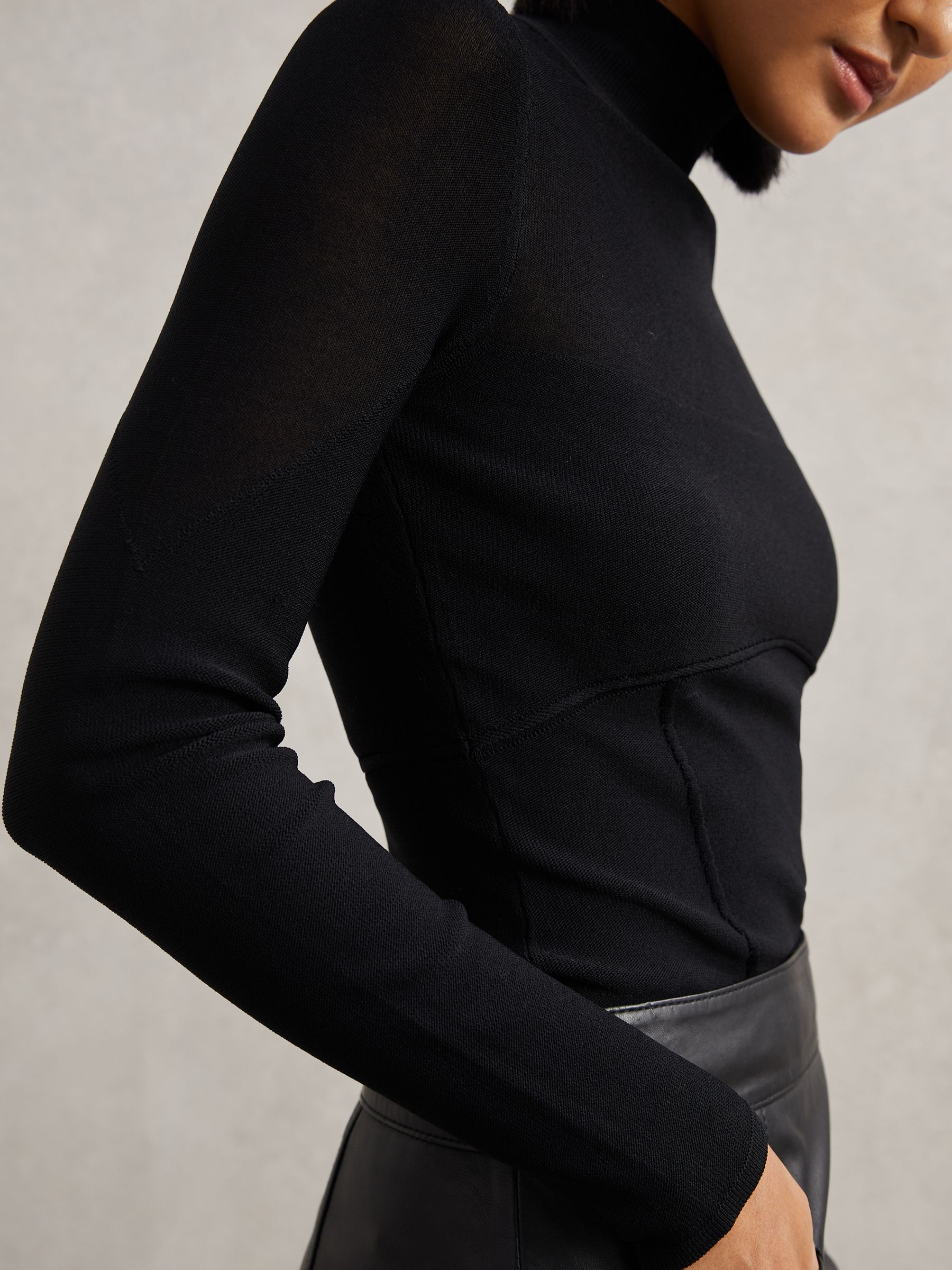 Mesh Funnel-Neck Knit Top in Black - Image 3 of 6