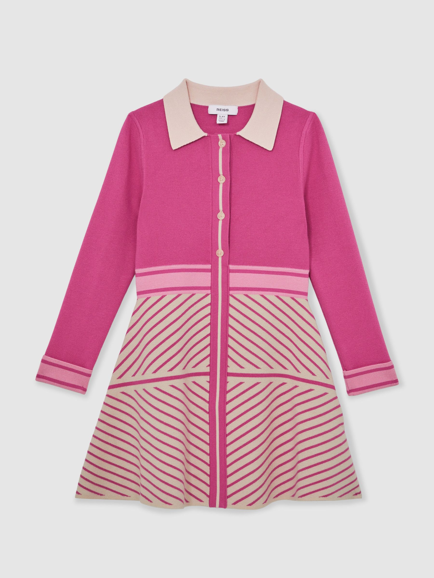 9-13 yrs Stripe-Detail Collared Knit Dress in Dark Pink - Image 2 of 4