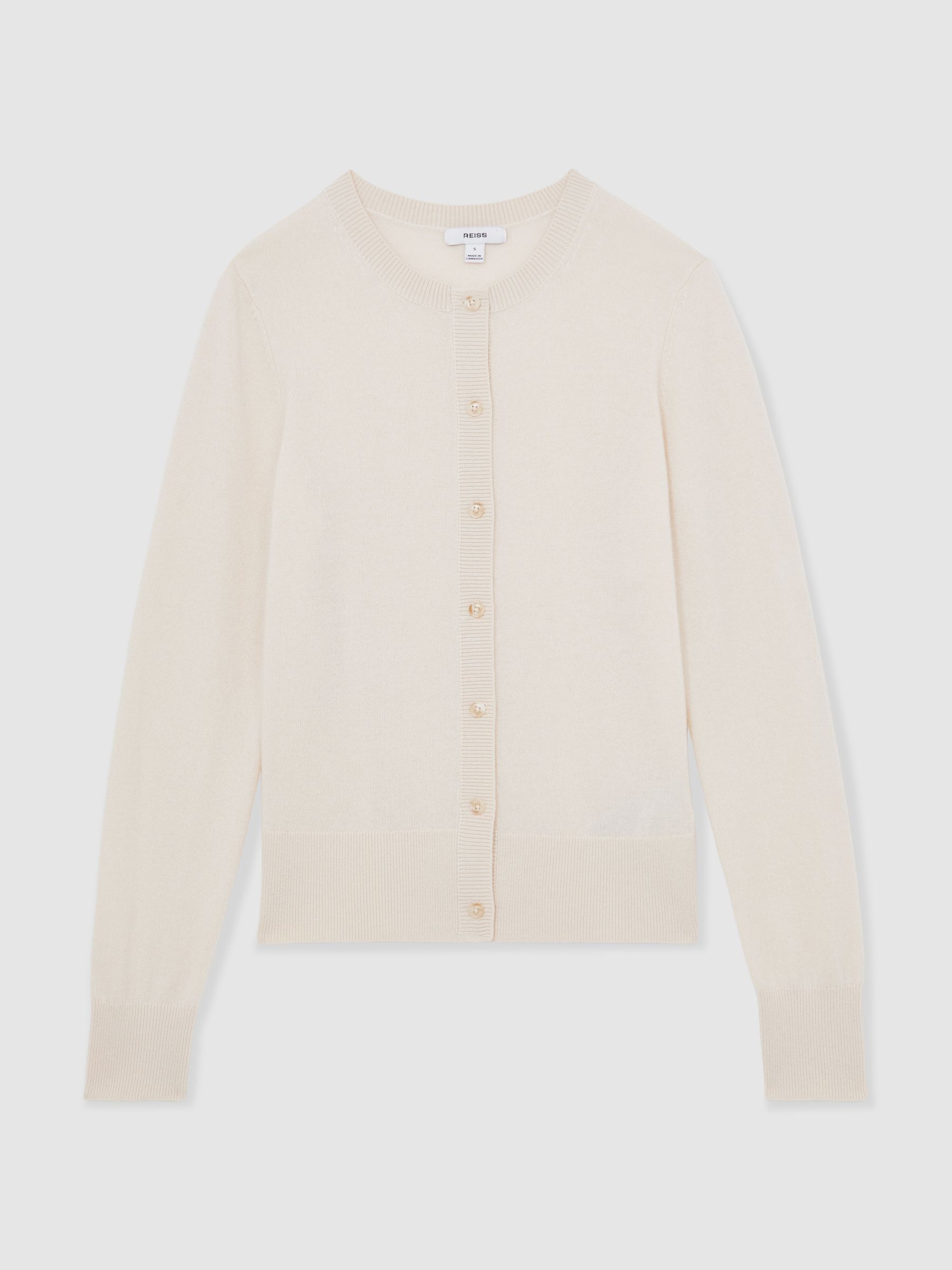 Wool-Blend Crew-Neck Cardigan With Cashmere in Cream - Image 2 of 6