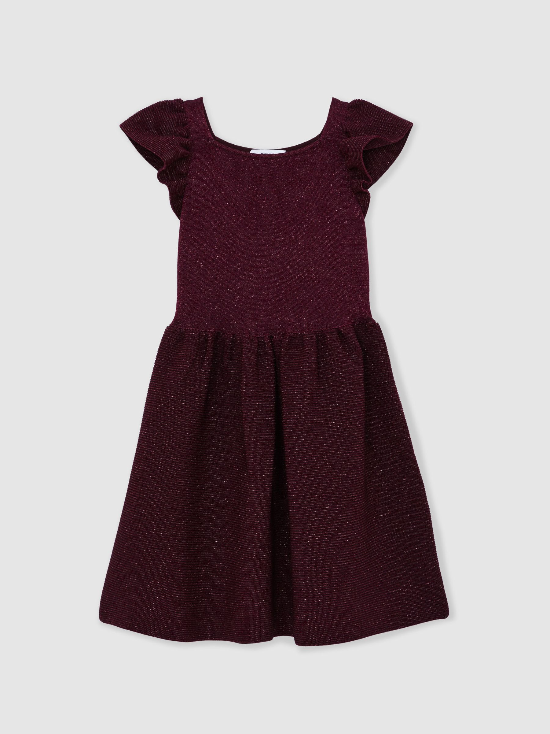 9-13 yrs Stretch Metallic Frill-Sleeve Dress in Berry - Image 2 of 5
