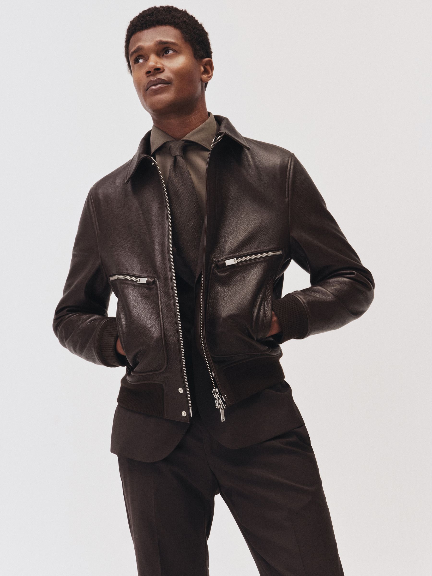 Reiss Burnished-Leather Zip-Through Jacket in Chocolate Brown - REISS