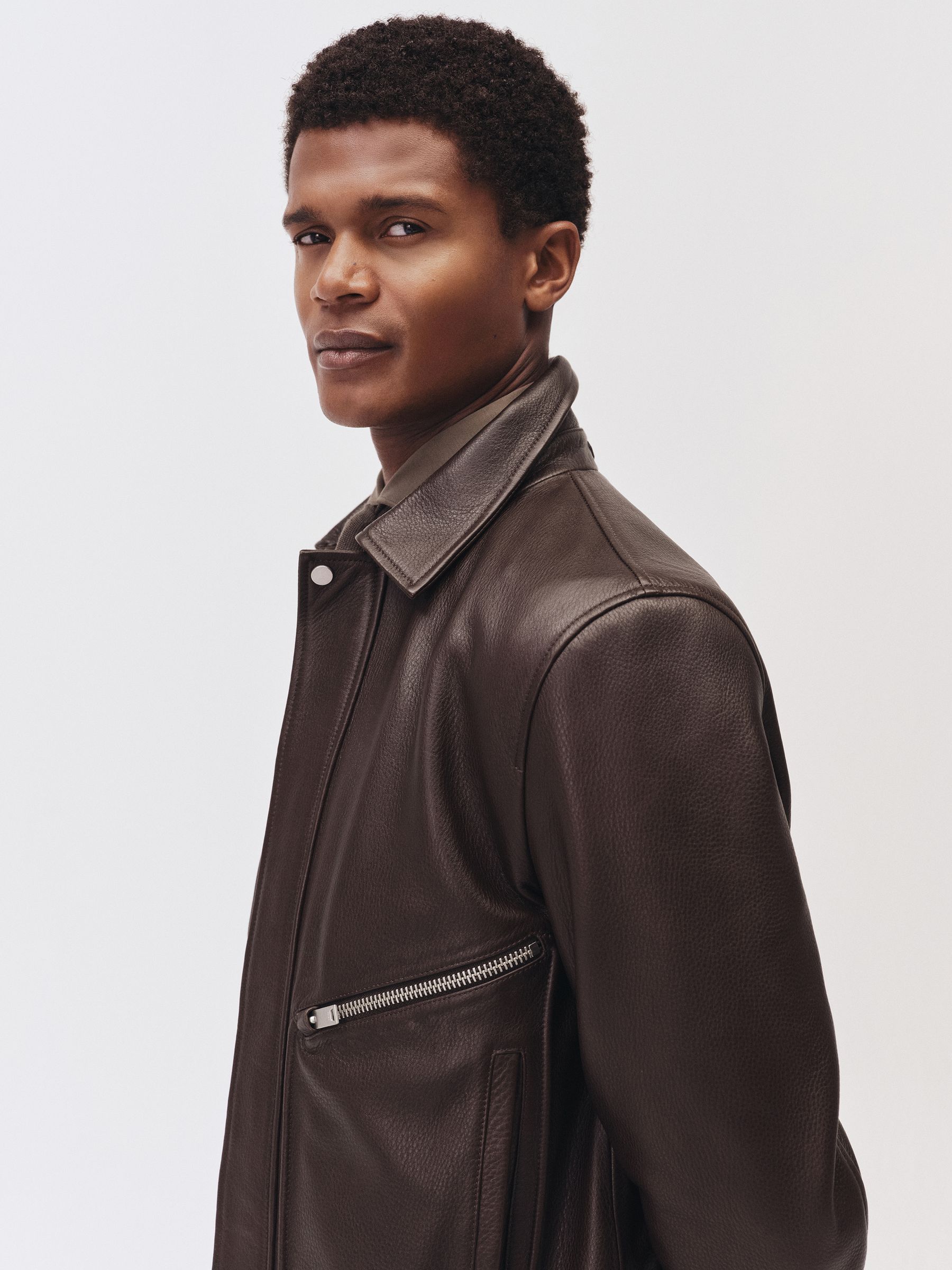 Reiss Burnished-Leather Zip-Through Jacket in Chocolate Brown | REISS