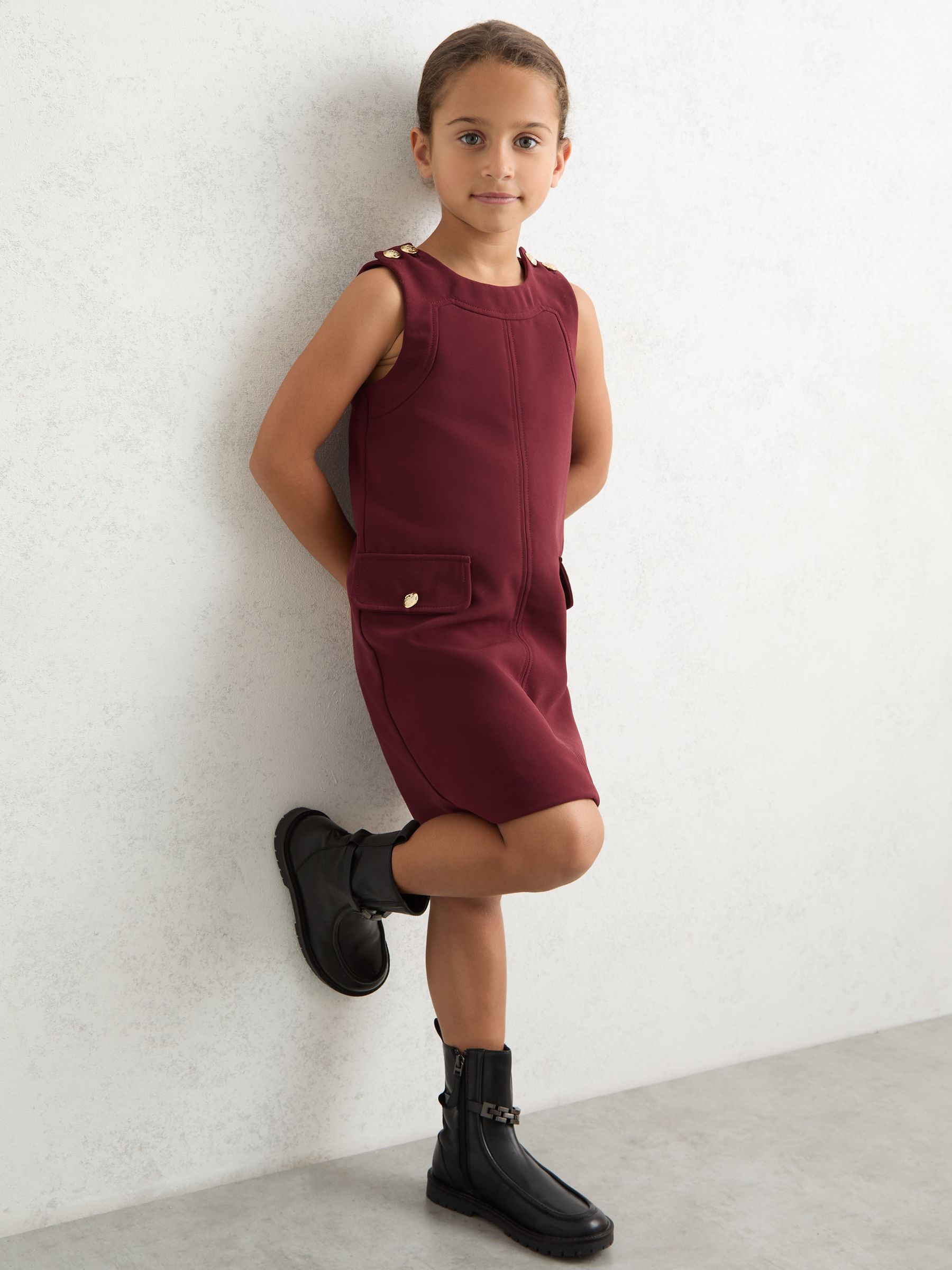 3-9 yrs Button-Detail Sleeveless Shift Dress in Berry - Image 3 of 5