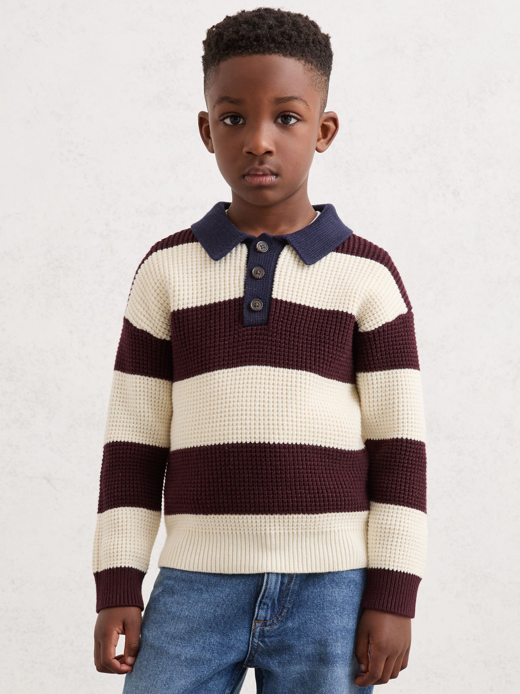 13-14 yrs Cotton-Blend Rugby Stripe Polo Jumper in Brown/ Off White/ Navy Blue - Image 3 of 4