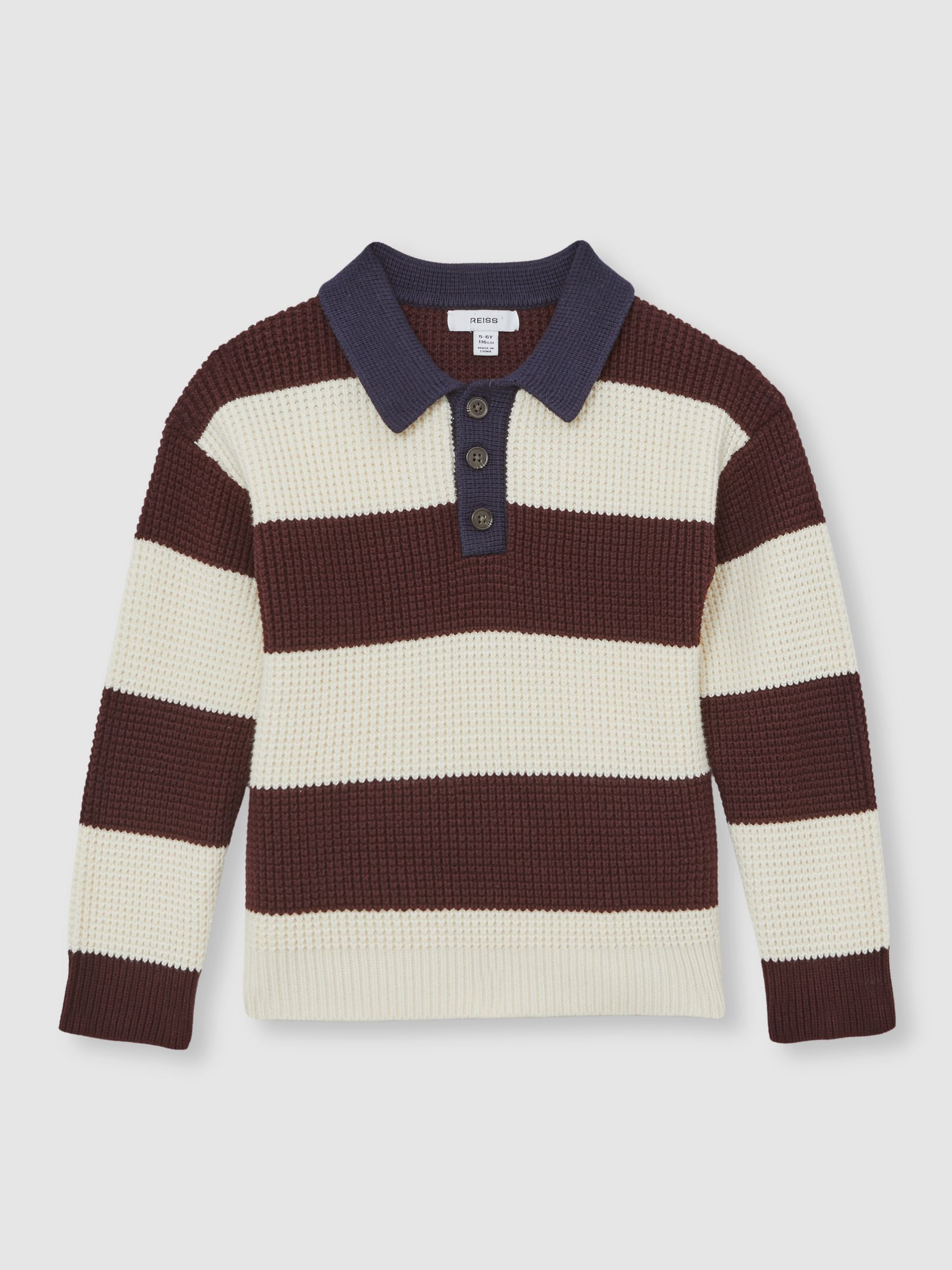 3-9 yrs Cotton-Blend Rugby Stripe Polo Jumper in Brown/ Off White/ Navy Blue - Image 2 of 4