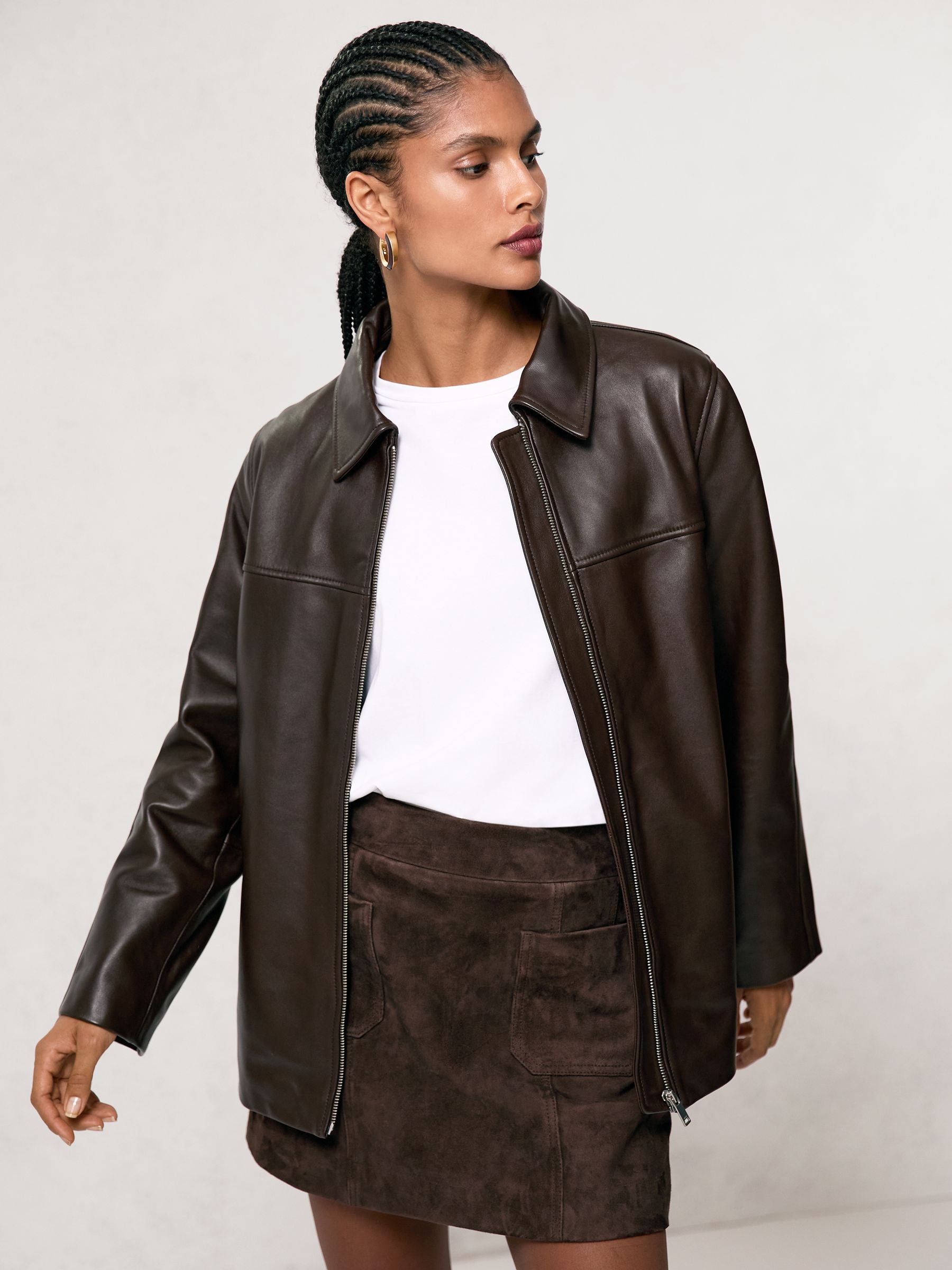 Mini Suede Patch Pocket Skirt in Chocolate Brown - Image 1 of 7 Mini Suede Patch Pocket Skirt in Chocolate Brown - Image 1 of 7