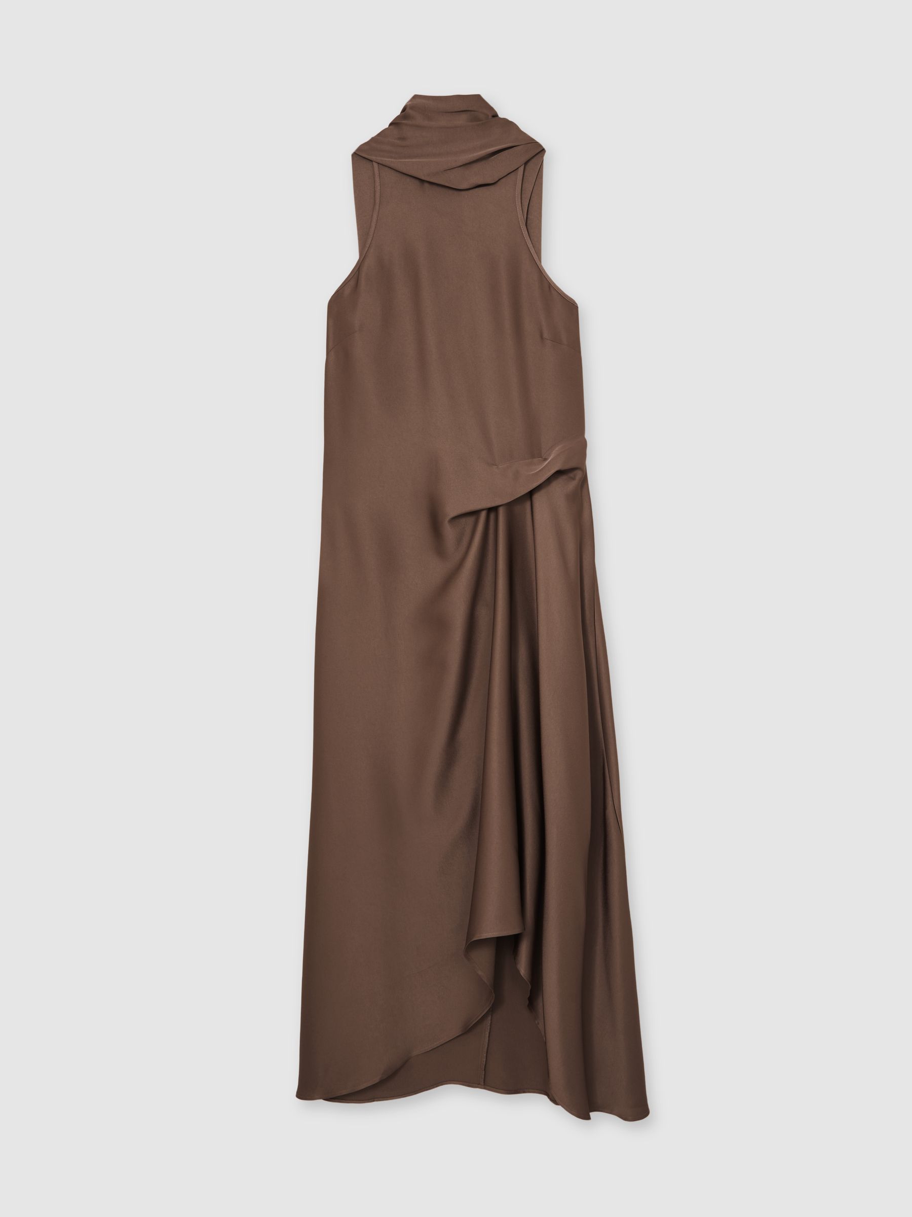 Satin Tuck-Detail Cape Midi Dress in Taupe Brown - Image 2 of 6