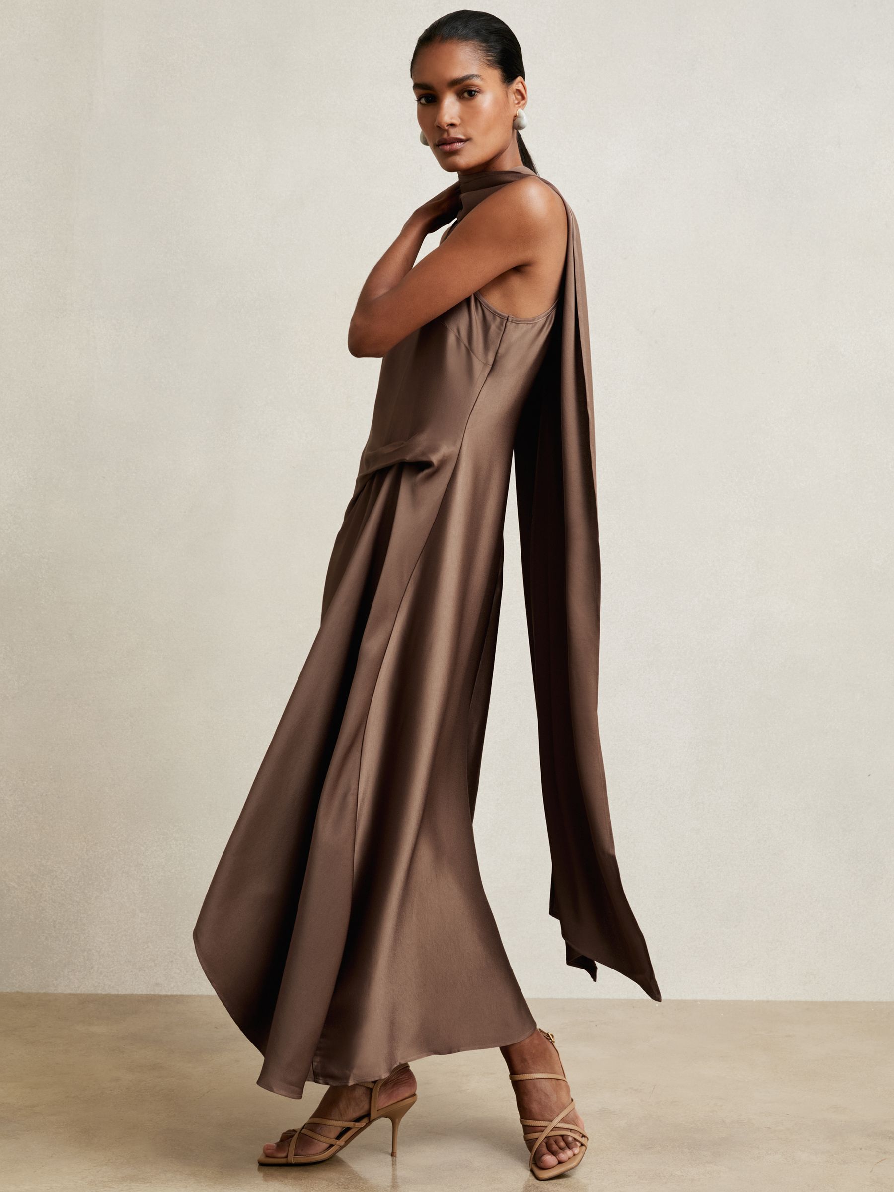 Satin Tuck-Detail Cape Midi Dress in Taupe Brown - Image 3 of 6