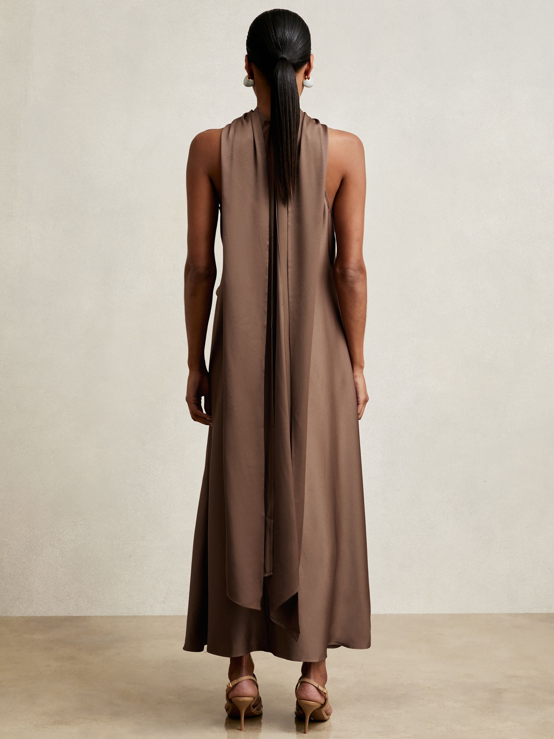 Satin Tuck-Detail Cape Midi Dress in Taupe Brown - image 5