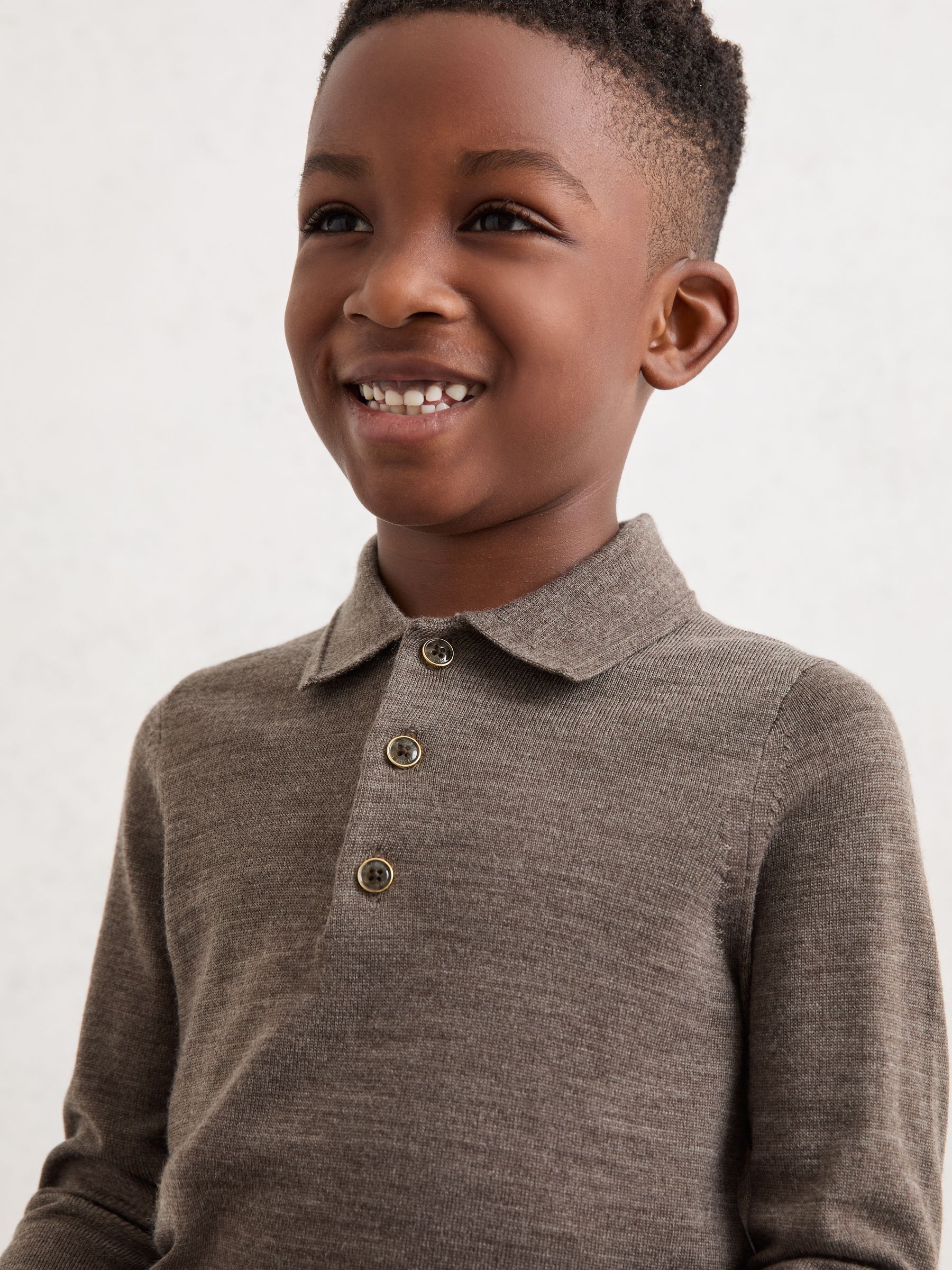 13-14 yrs Merino Wool Long-Sleeve Polo Shirt in Dark Brown Melange - Image 3 of 4