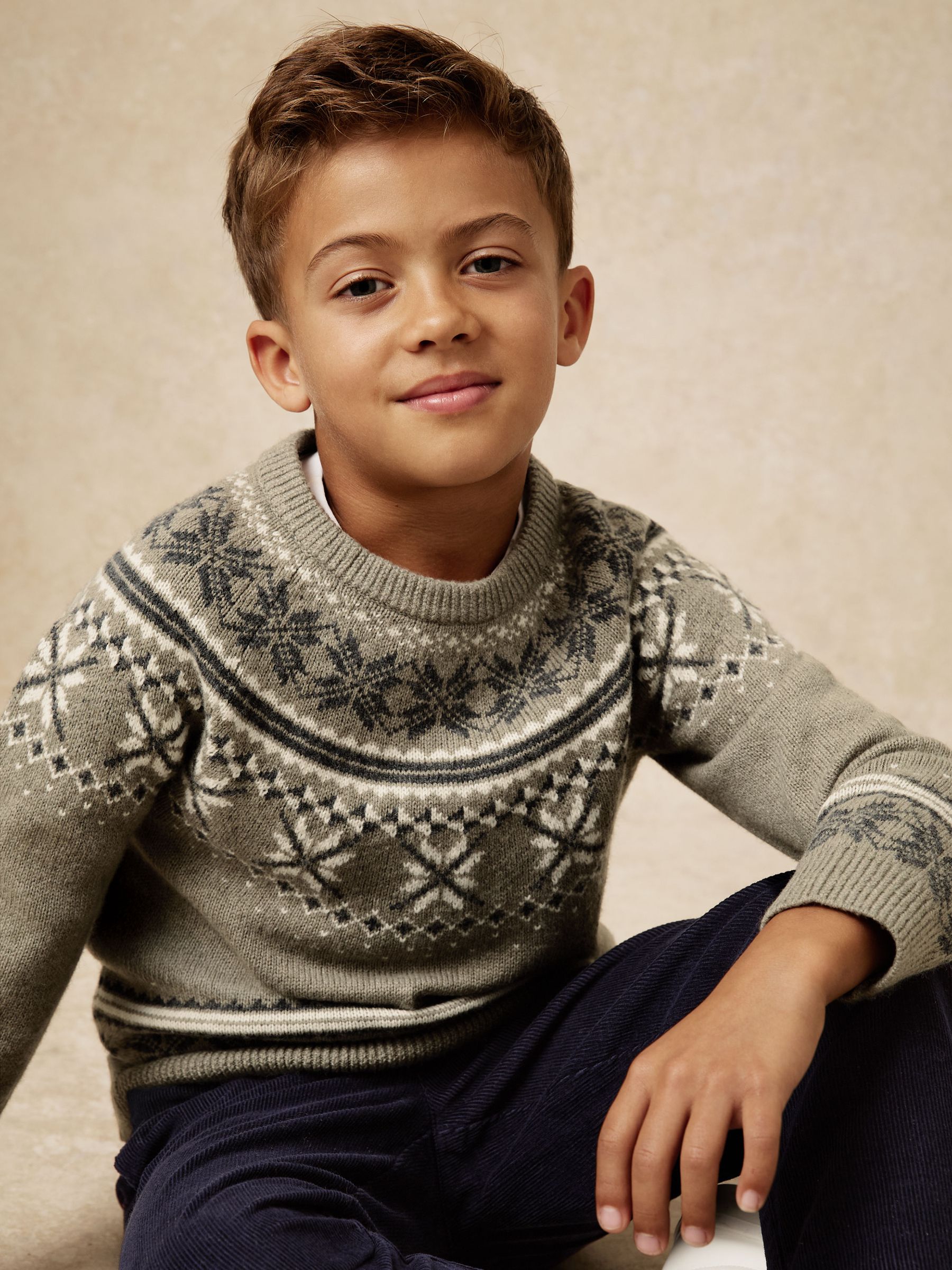 Pull à col rond motif jacquard en laine 13-14 ans, vert sauge - Image 4 de 5