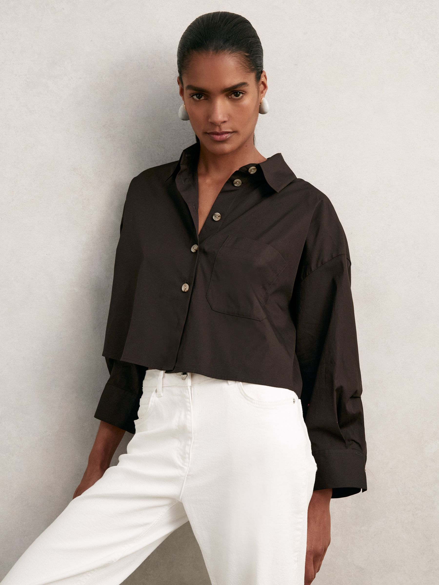 Oversize Cotton Cropped Shirt in Chocolate Brown - Image 1 of 7