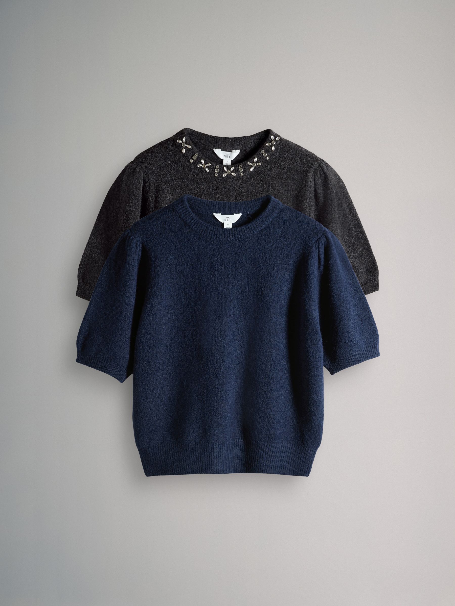 Embellished Charcoal Grey/Navy Blue 2 Pack Knitted T-Shirts - Image 1 of 5