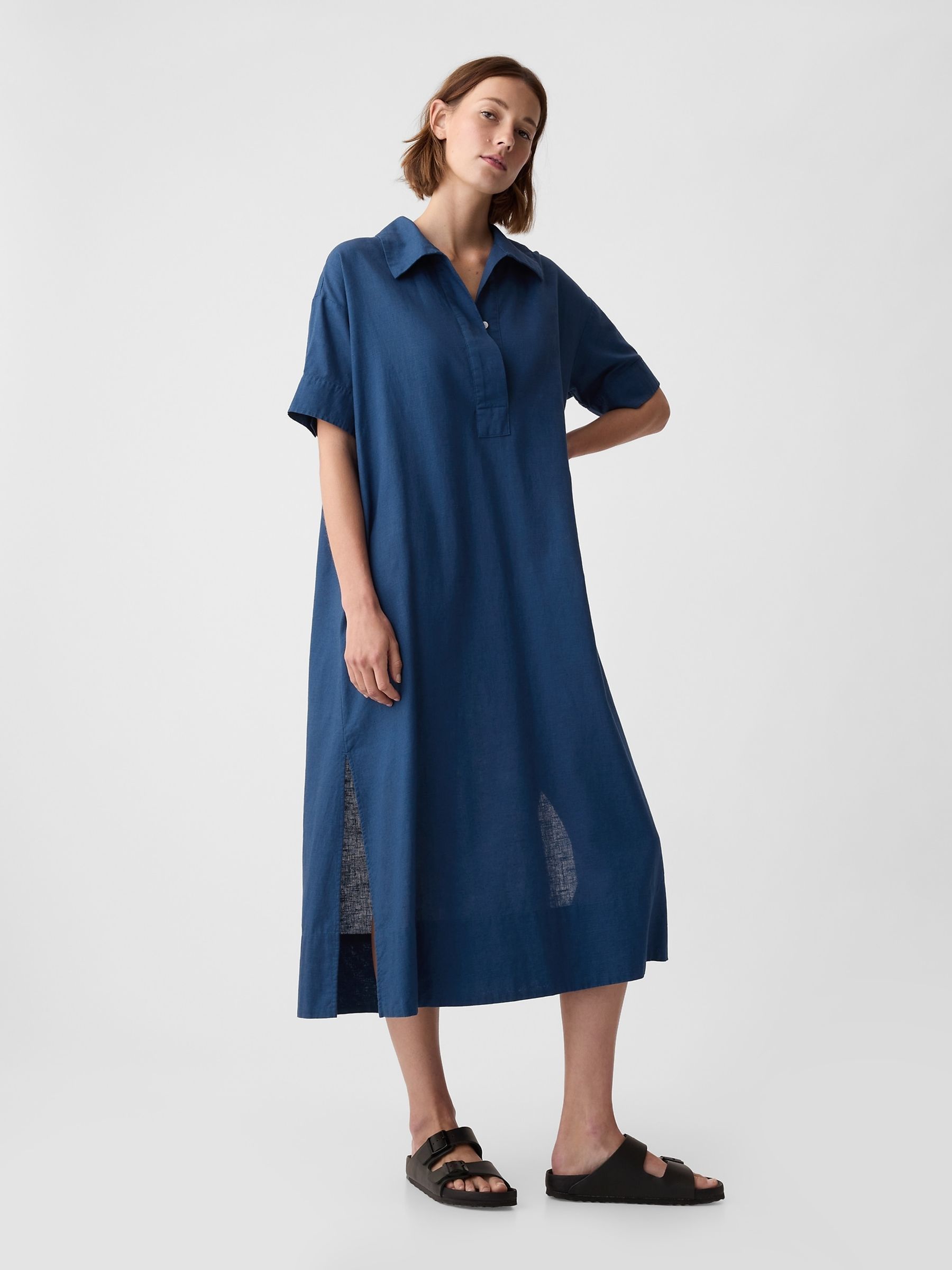 Blue Linen-Cotton Short Sleeve Maxi Dress - Image 3 of 5