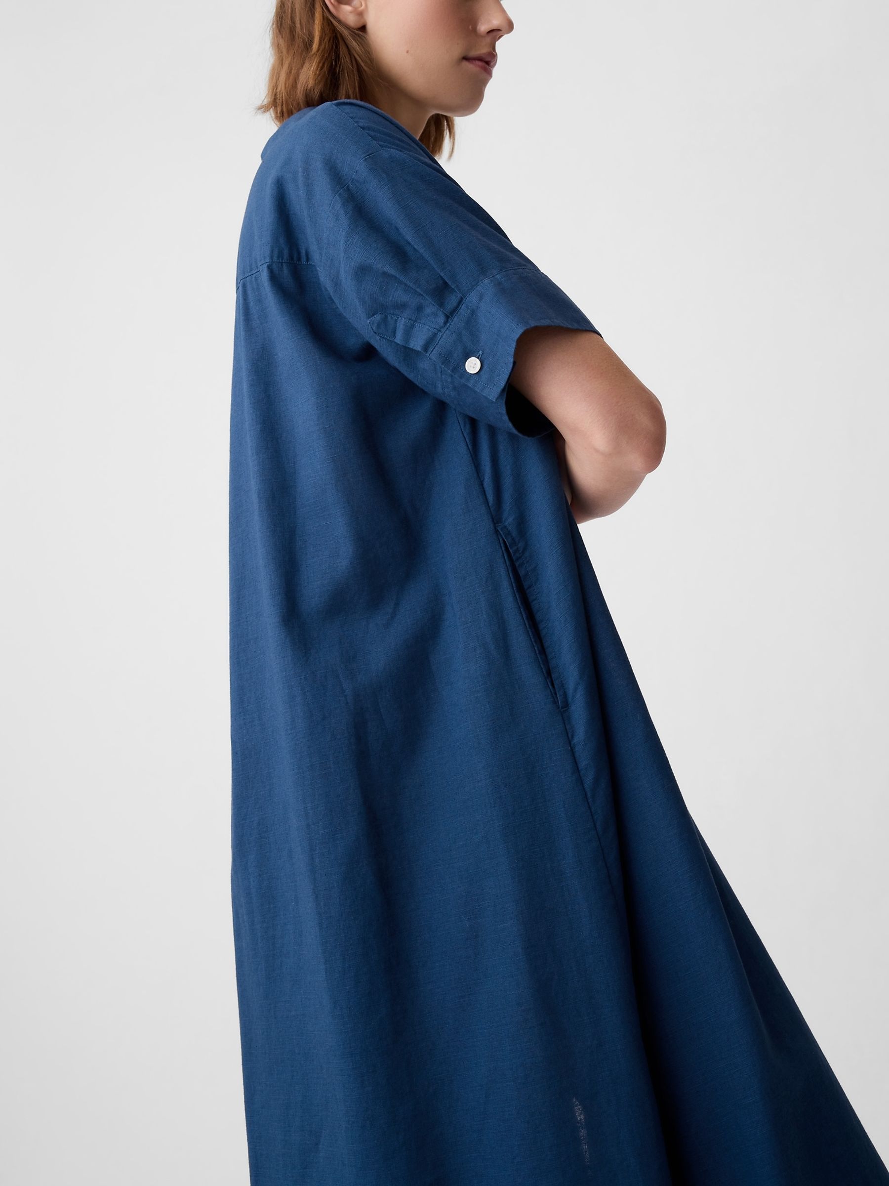 Blue Linen-Cotton Short Sleeve Maxi Dress - Image 4 of 5