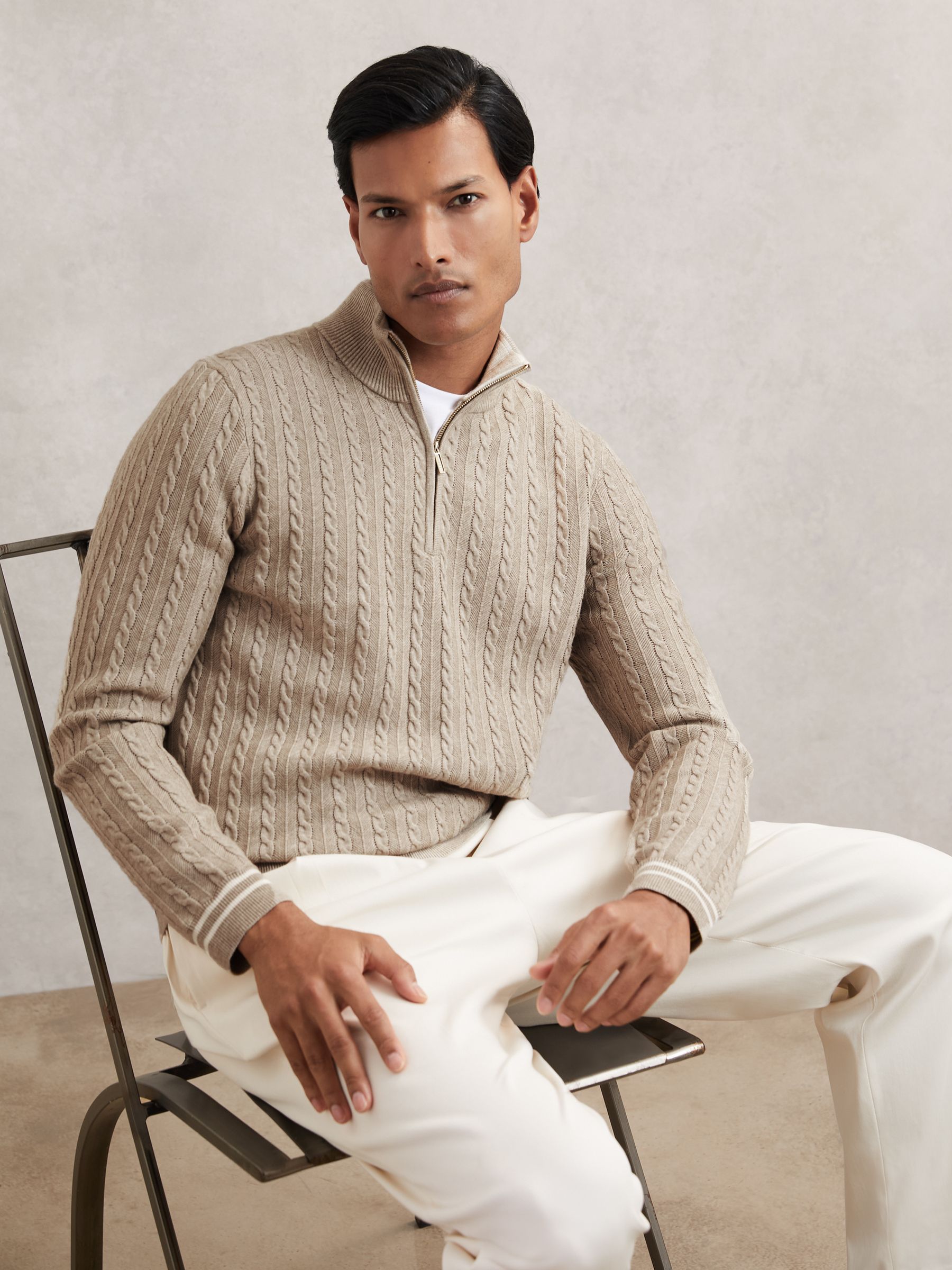 Half-Zip Cable Knit Jumper With Wool in Oatmeal Brown - Image 1 of 6 Half-Zip Cable Knit Jumper With Wool in Oatmeal Brown - Image 1 of 6