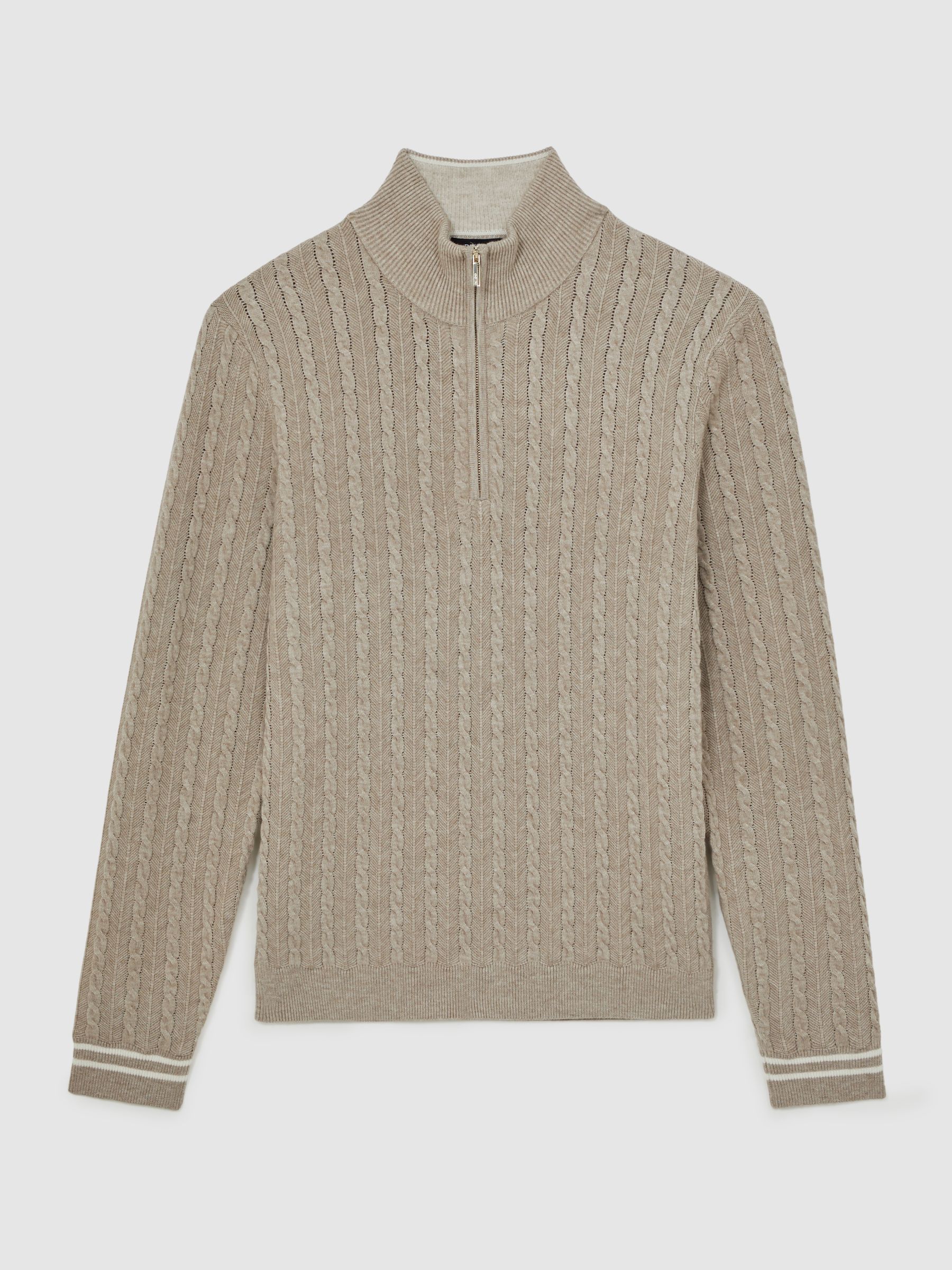 Half-Zip Cable Knit Jumper With Wool in Oatmeal Brown - Image 2 of 6