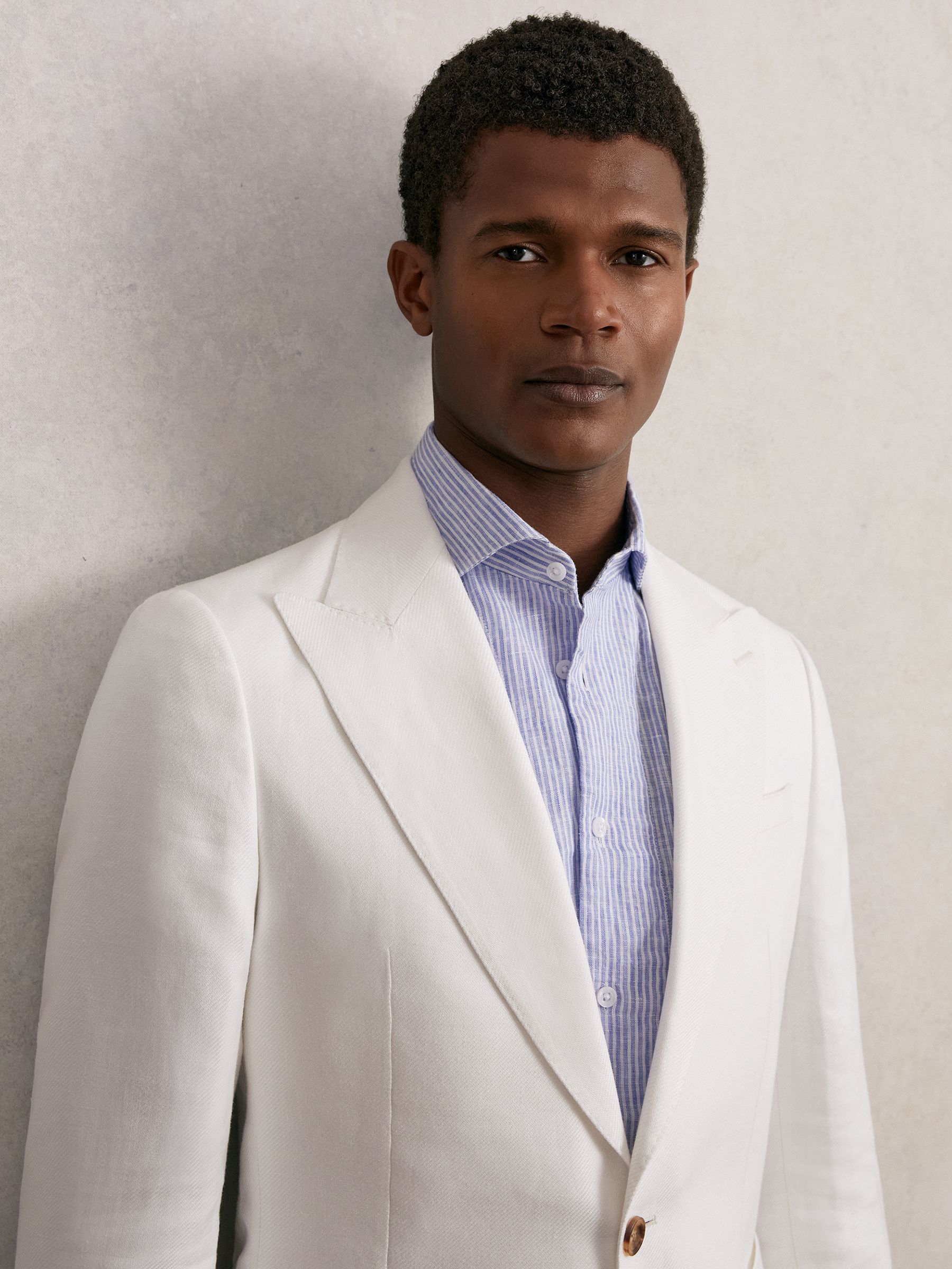 Slim Fit Lyocell Linen Single Breasted Suit Blazer in White - image 4