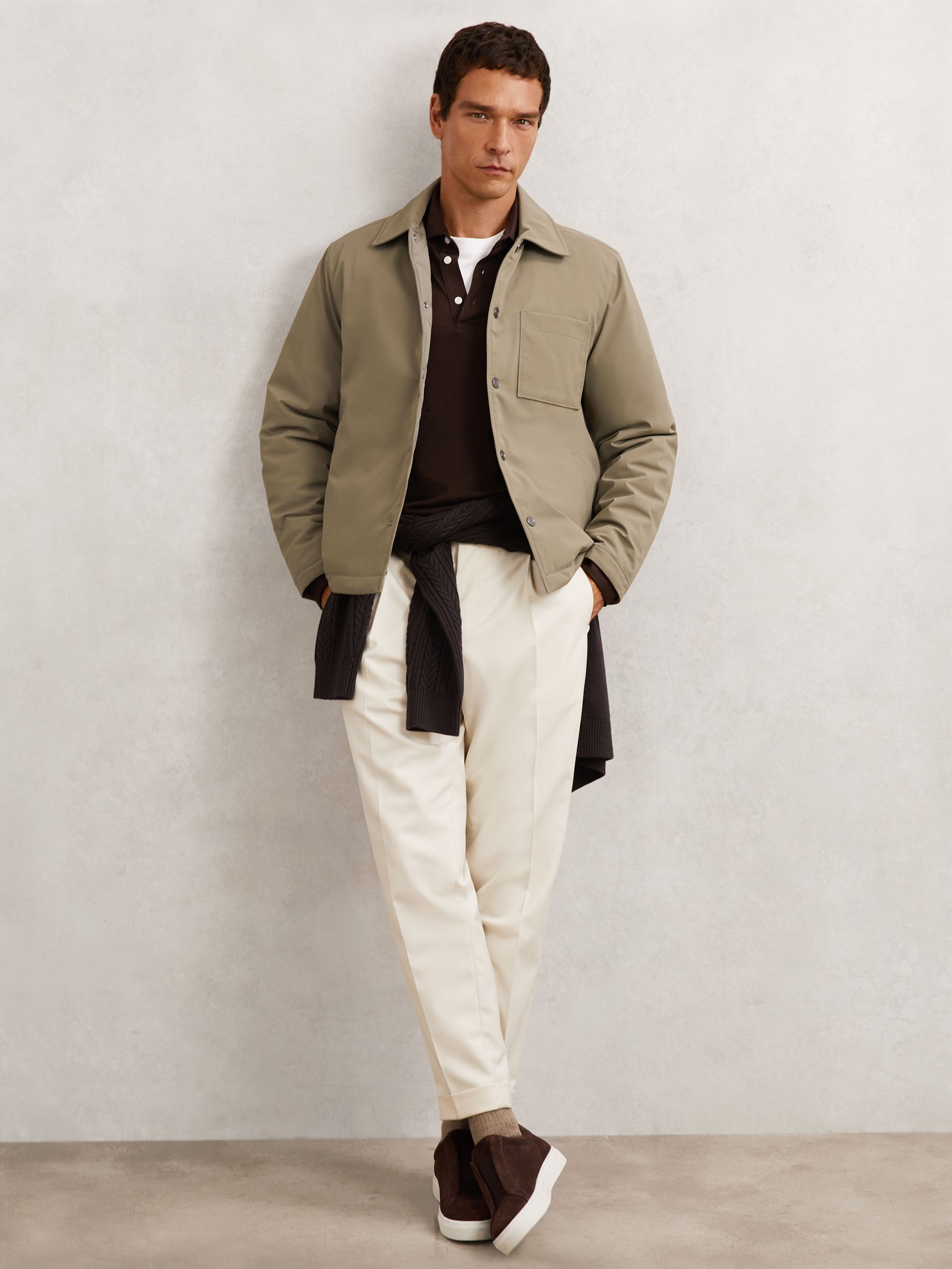 Lightly-Padded Patch-Pocket Overshirt in Olive Green - Image 1 of 8