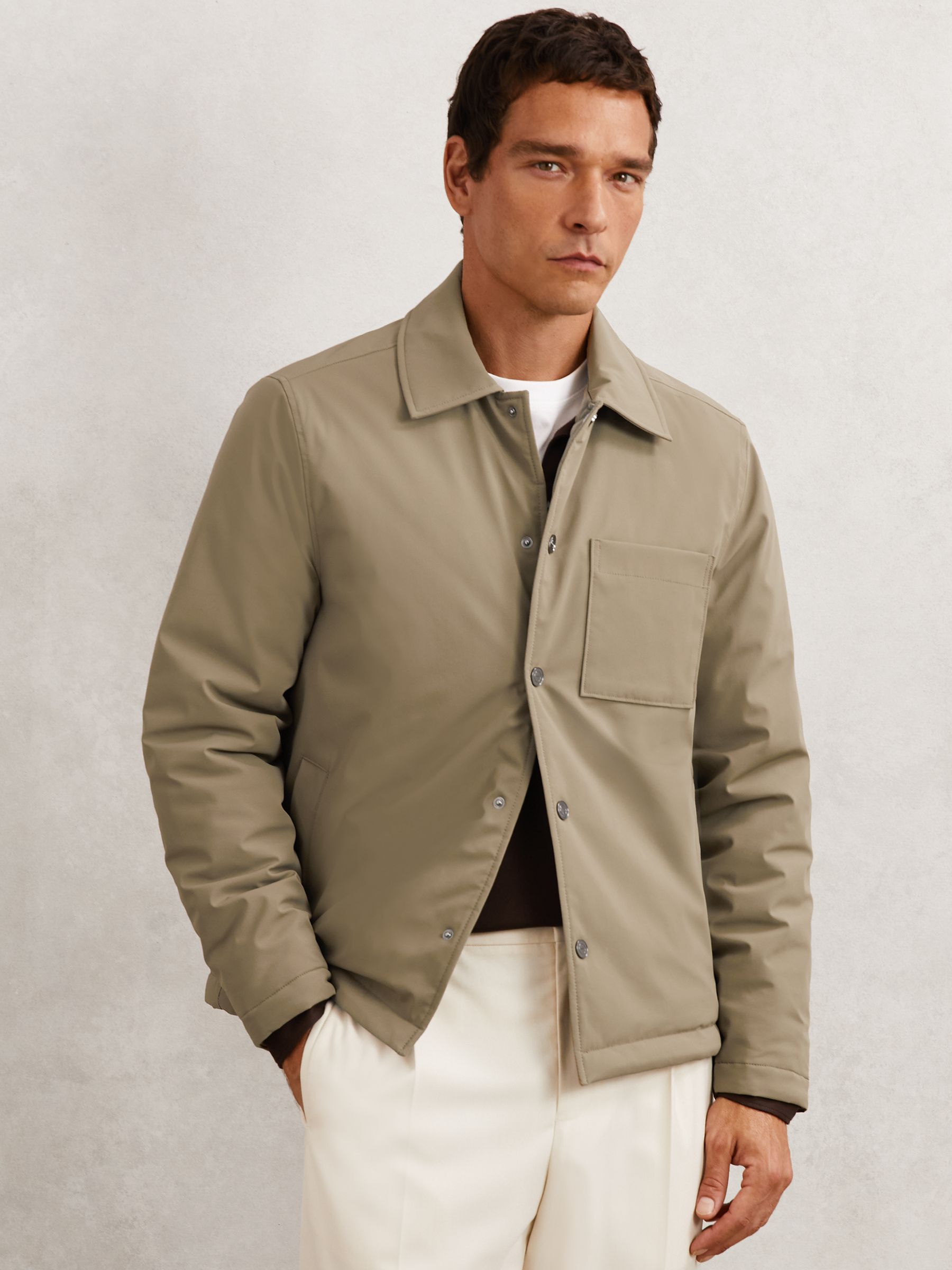 Lightly-Padded Patch-Pocket Overshirt in Olive Green - Image 3 of 8