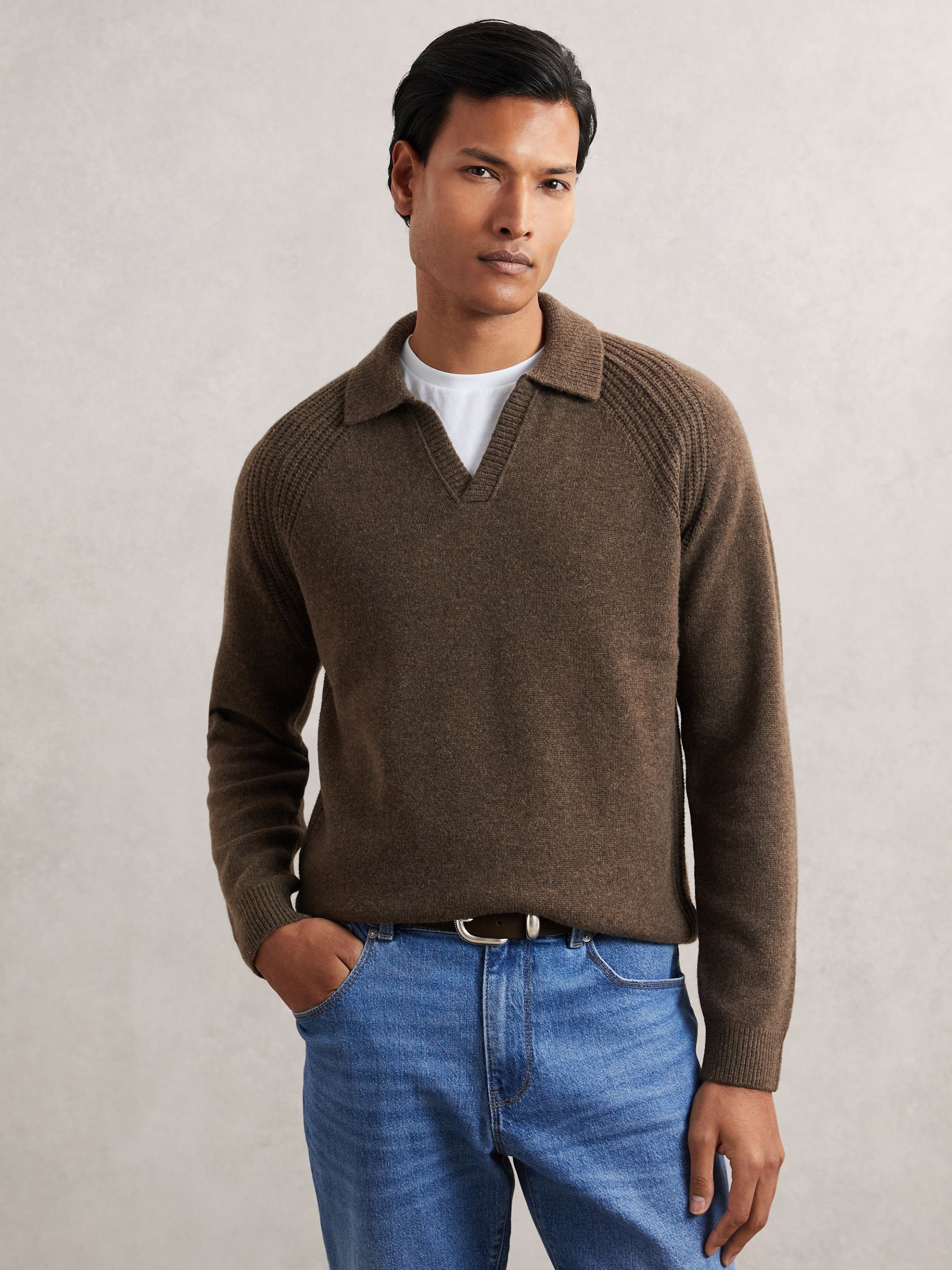 Wool-Cashmere Open-Collar Jumper in Pecan Brown - Image 1 of 6