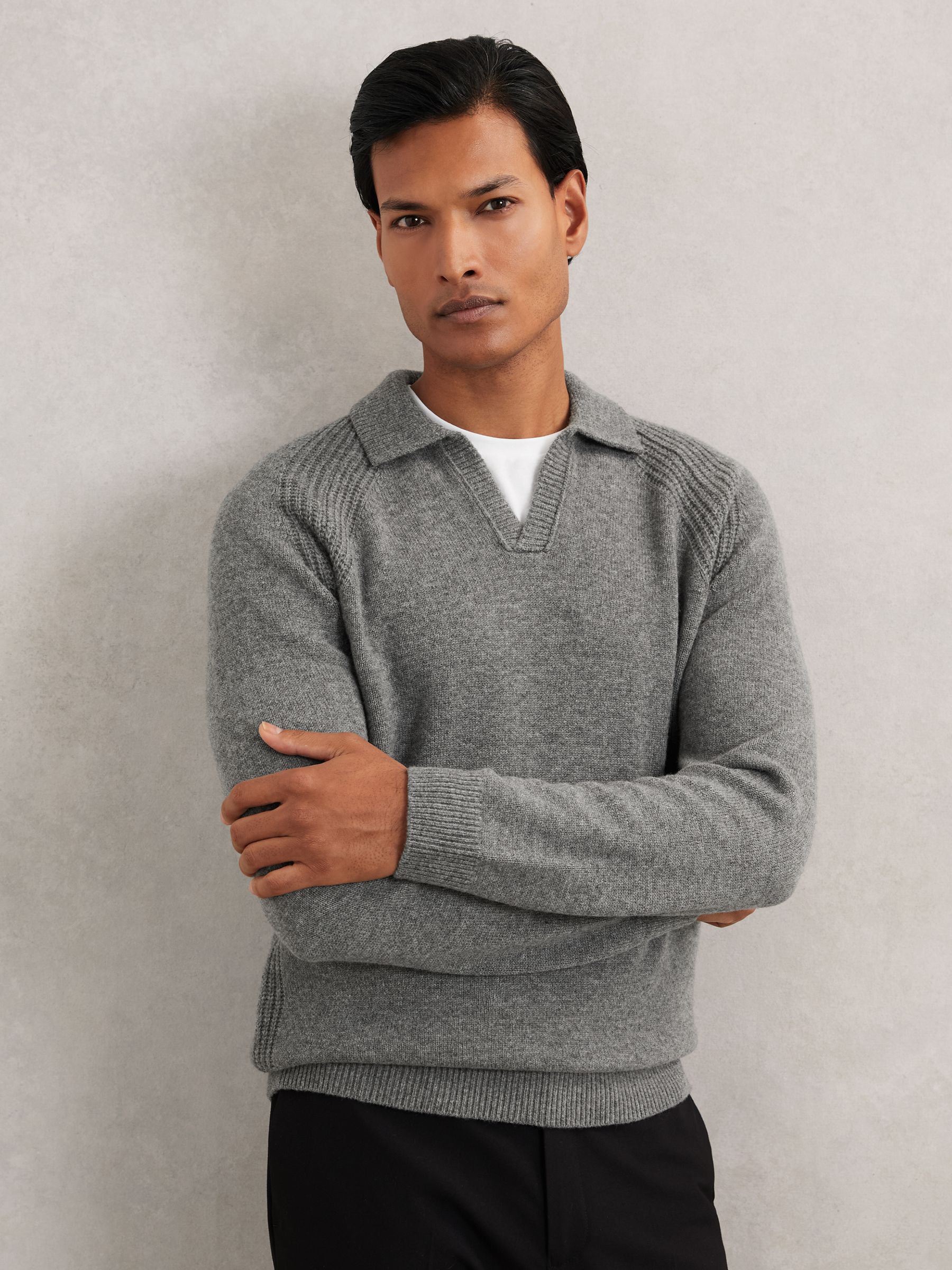 Wool-Cashmere Open-Collar Jumper in Mid Grey Melange - Image 1 of 6