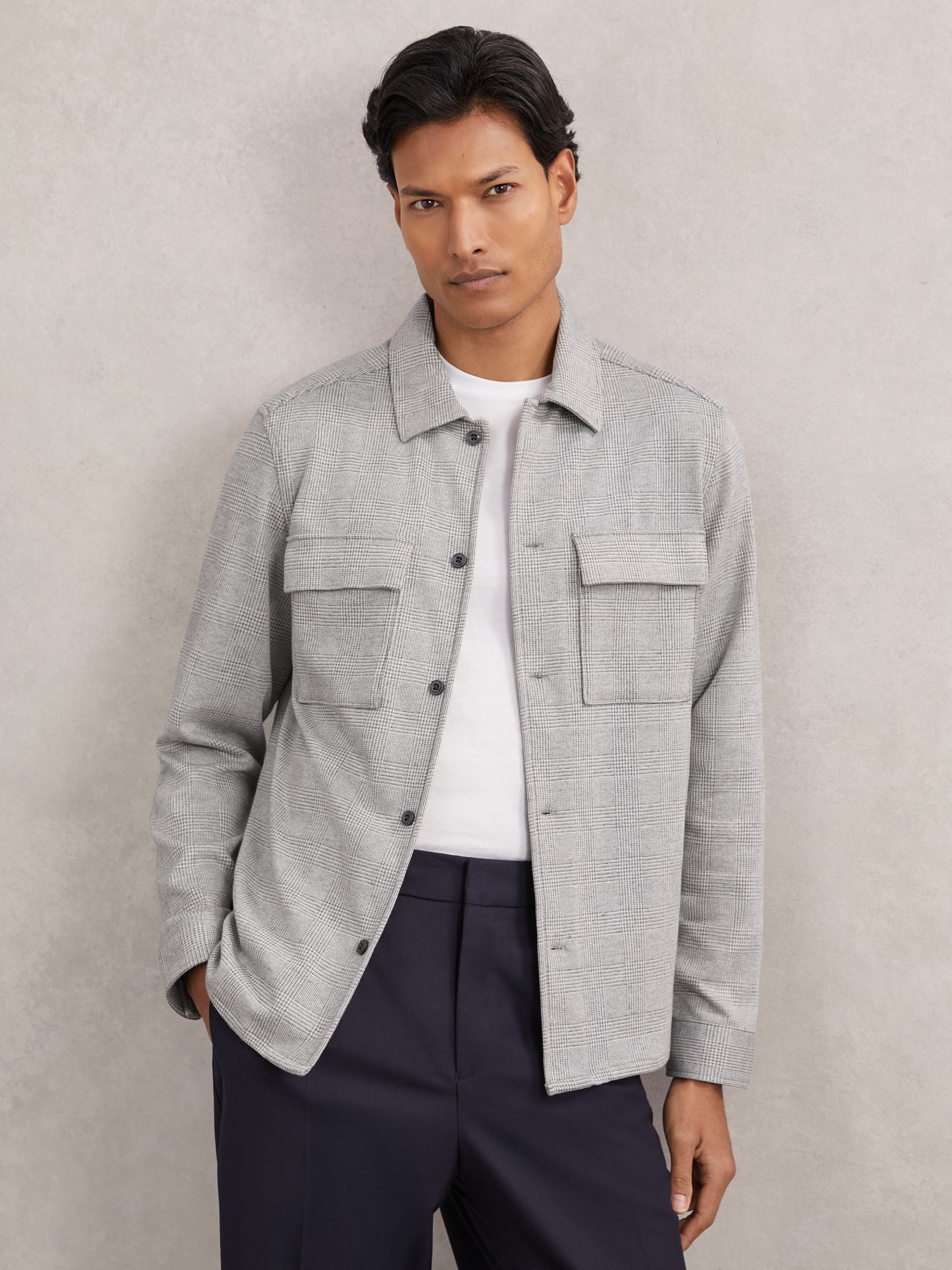 Jersey Check Twin-Pocket Overshirt in Soft Grey - Image 1 of 7