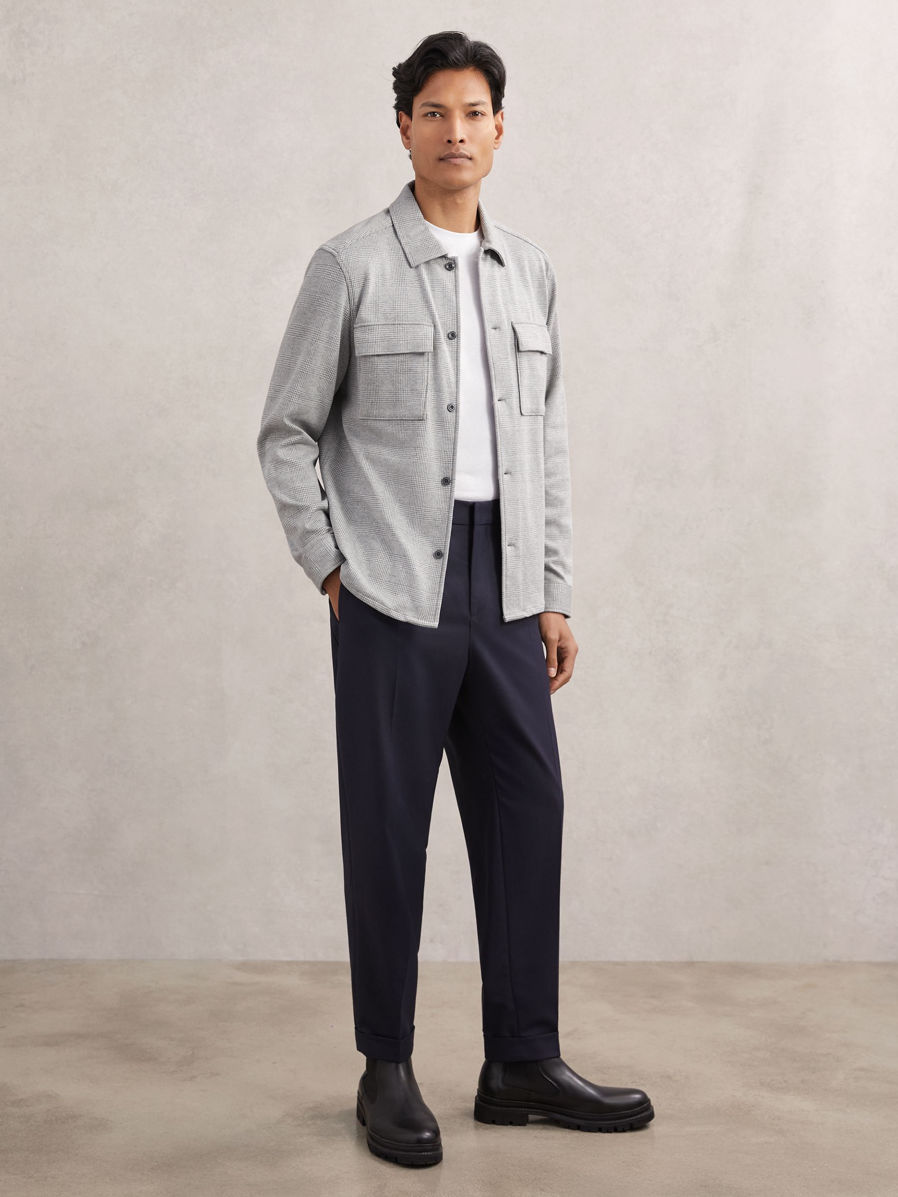 Jersey Check Twin-Pocket Overshirt in Soft Grey - Image 3 of 7