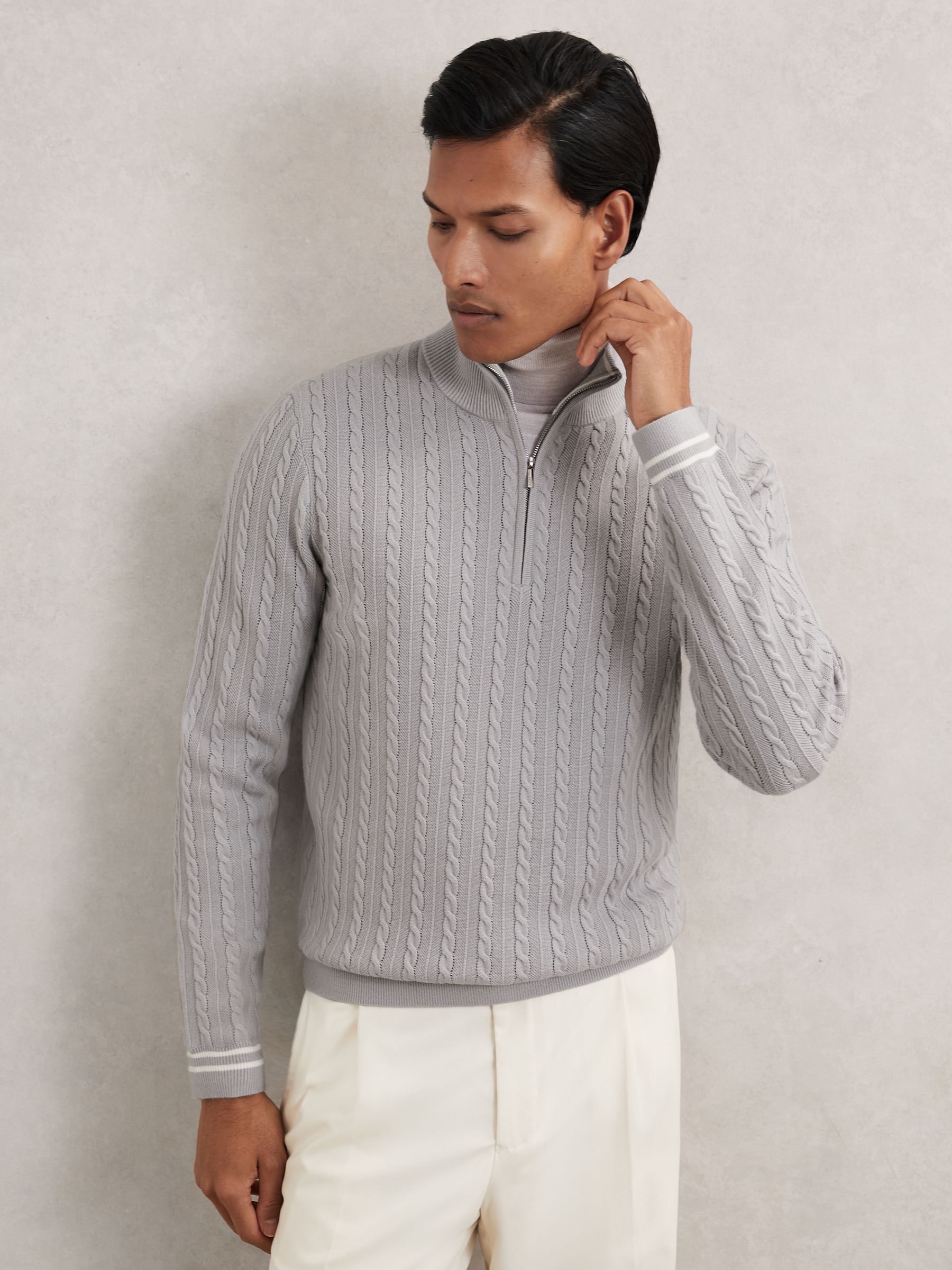 Half-Zip Cable Knit Jumper With Wool in Soft Blue - Image 1 of 6 Half-Zip Cable Knit Jumper With Wool in Soft Blue - Image 1 of 6