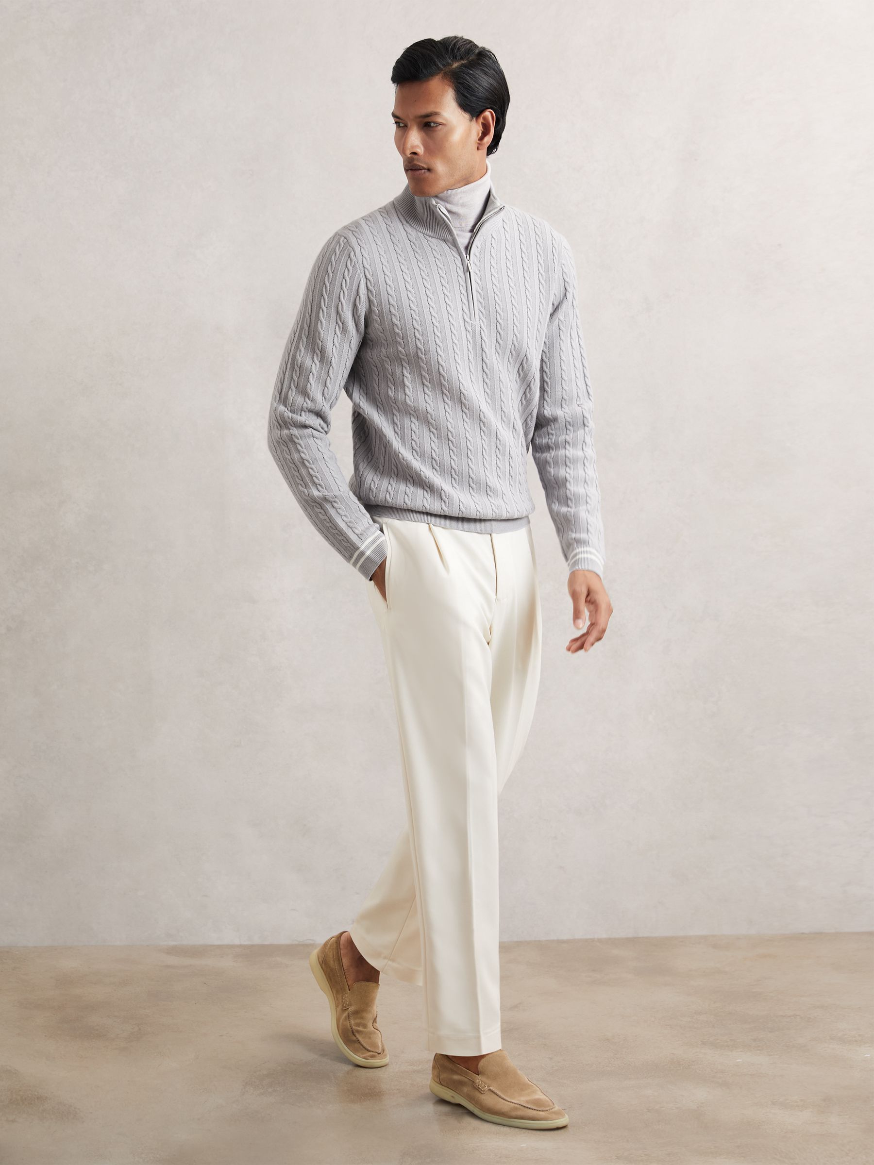Half-Zip Cable Knit Jumper With Wool in Soft Blue - image 3