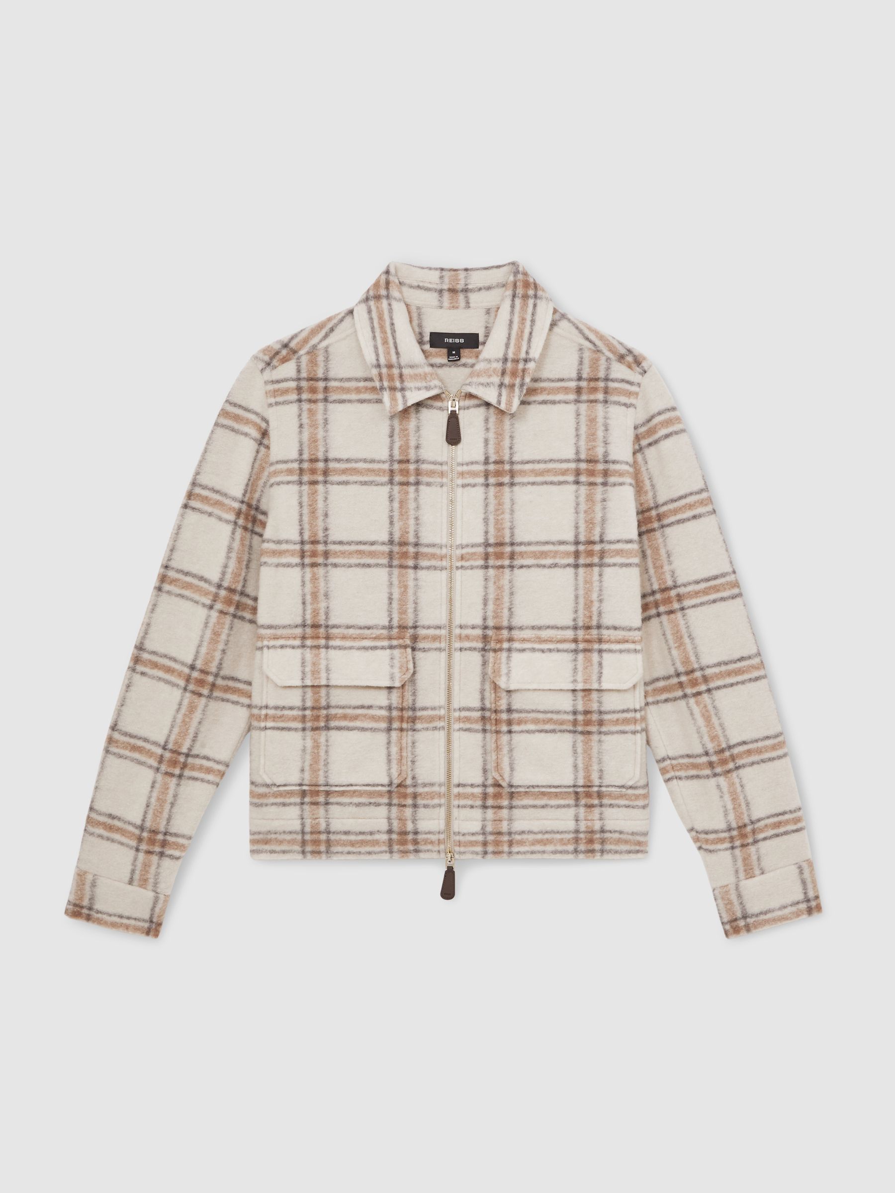Zip-Through Check Overshirt with Wool in Stone - Image 2 of 7